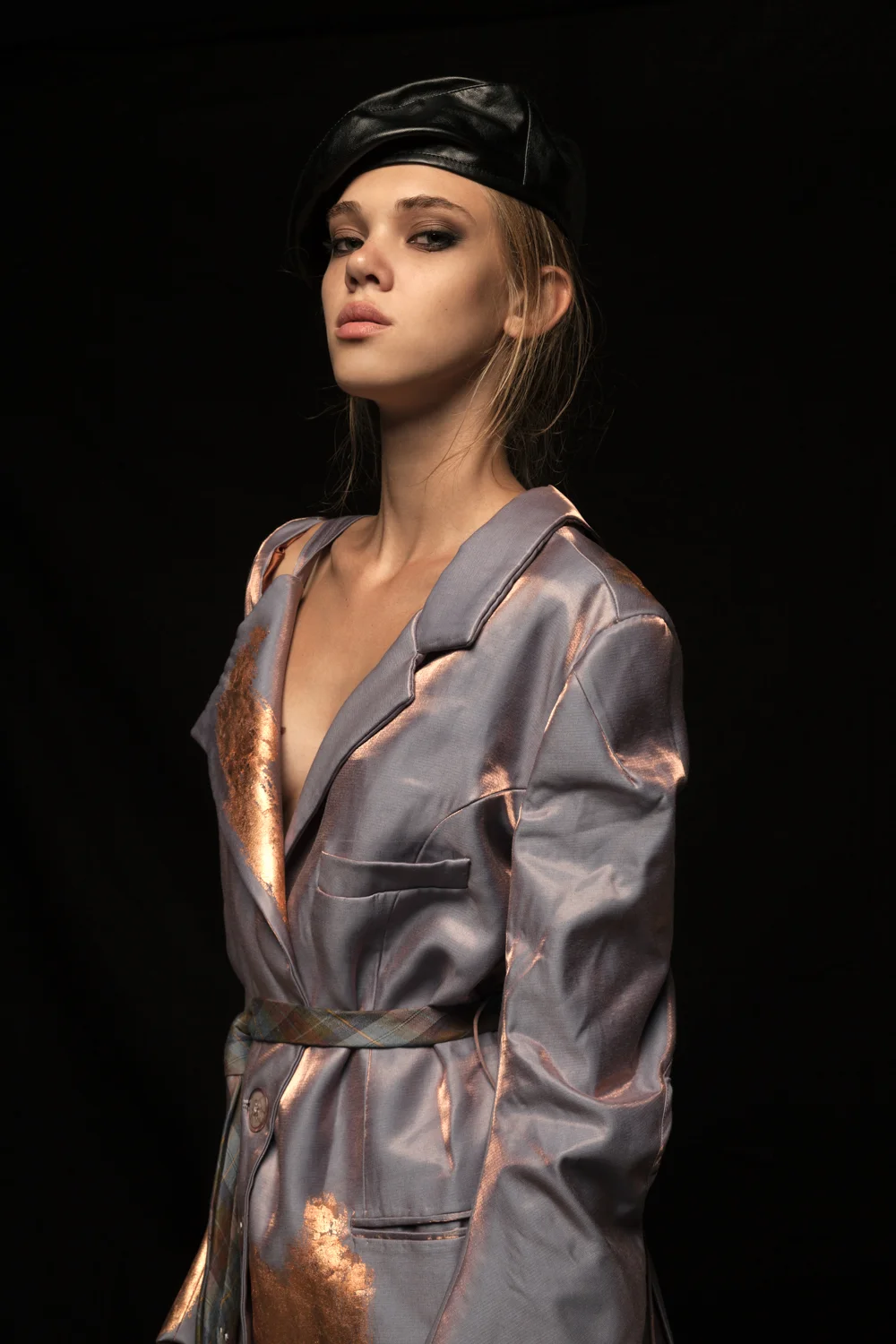 IRIDESCENT SUIT - CHIARA RIMONDINI ECOLEATHER BEANIE - STYLIST'S OWN TIE USED AS BELT - ROMEO GIGLI