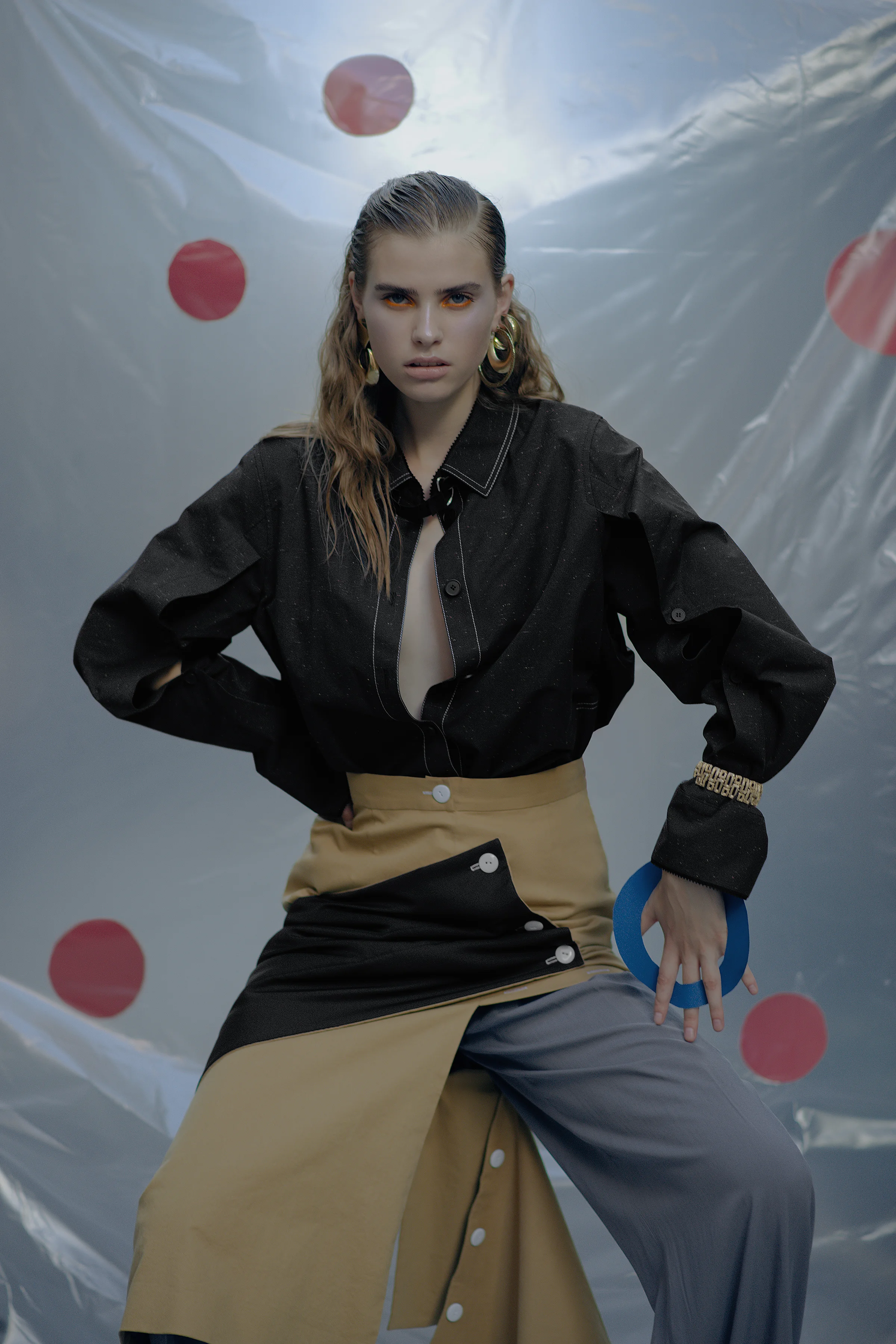 Parka PRZHONSKAYA Skirt CHAKSHYN Pants WHATEVER Bracelet Stylist’s own Earrings Stylist’s own