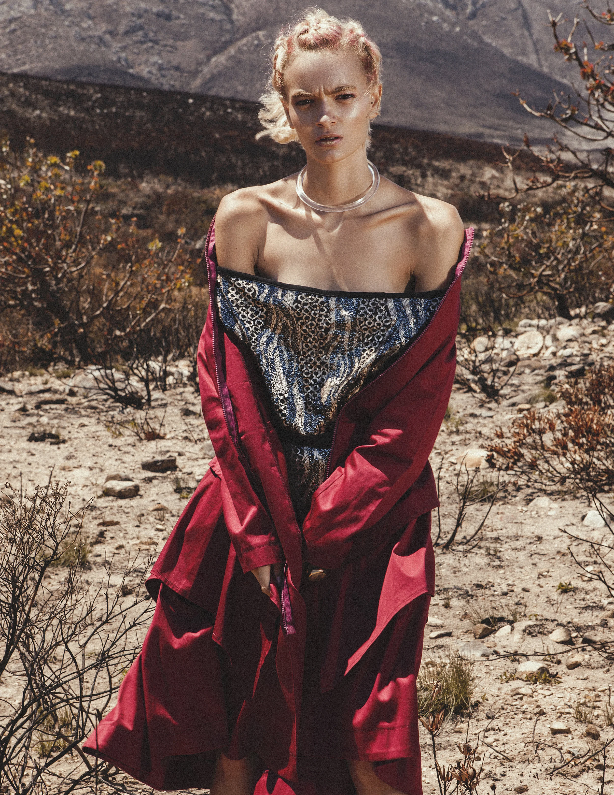 OFF-SHOULDER TOP: Designer Dionne COAT: Leigh Schubert NECKPIECE: Philippa Green