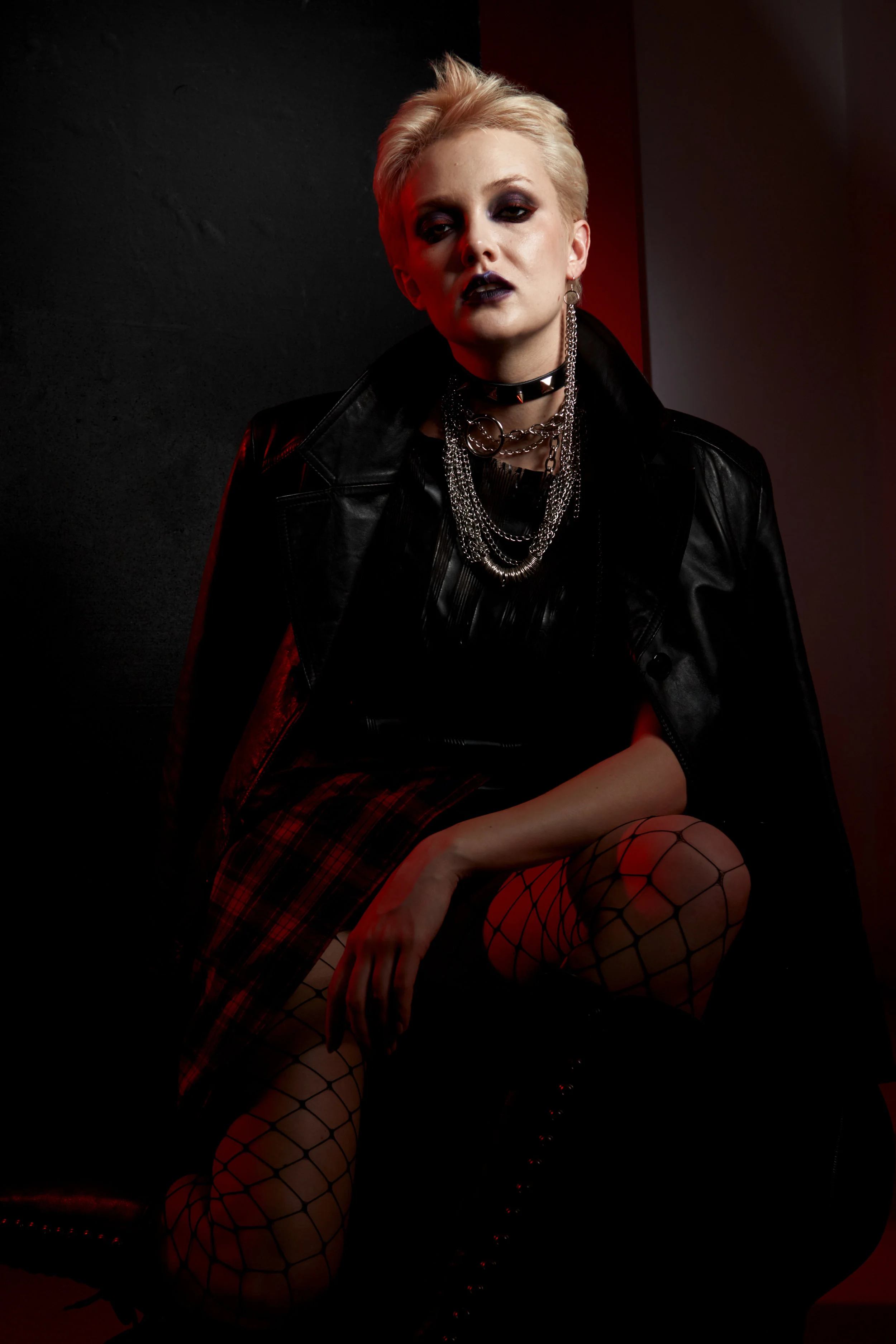 Leather jacket, leather coat, plaid skirt - Nadezda Sizova Leather T-shirt and dress - designer Nadezda Sizova Chains and shoes, boots, tights - Stylist property