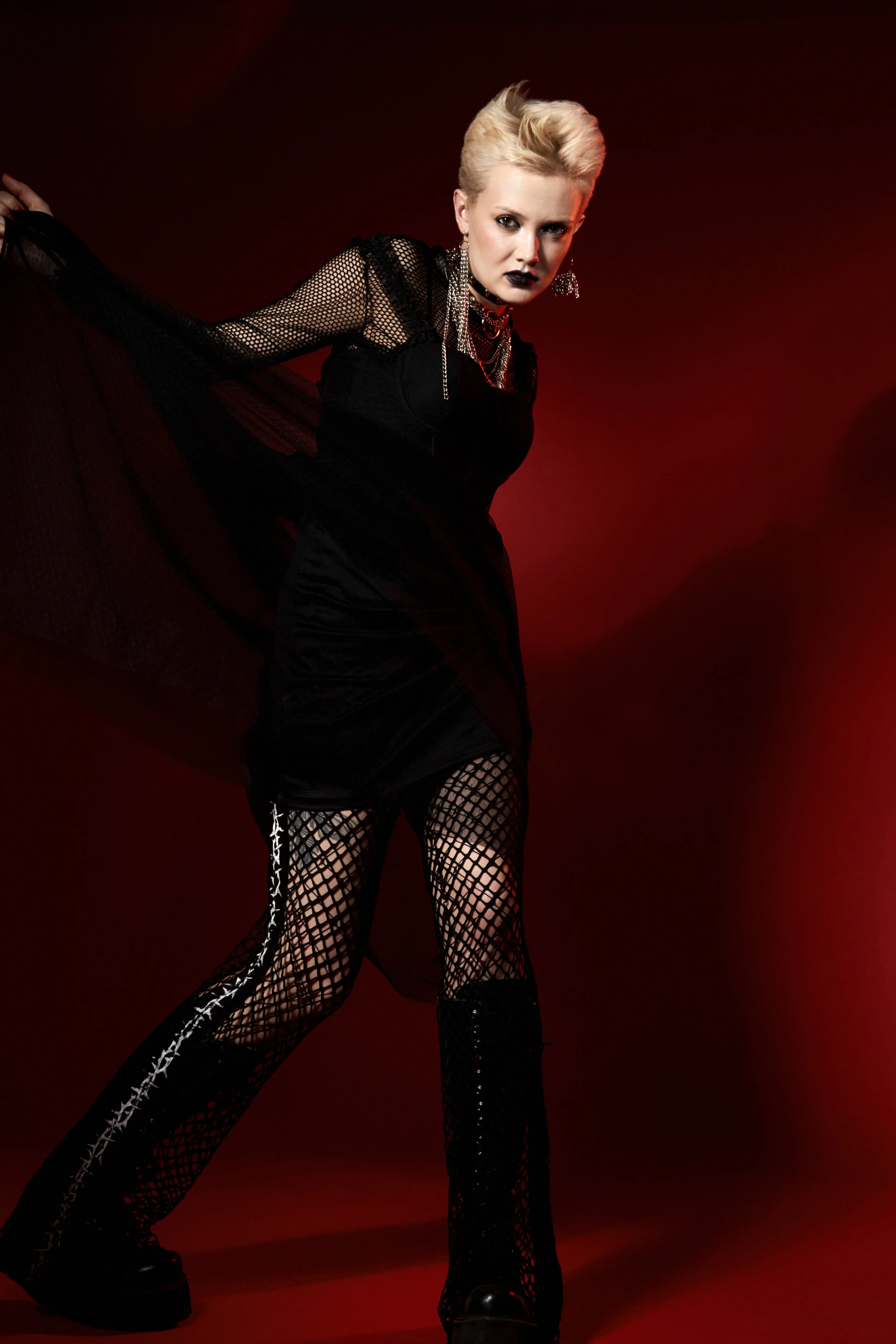Dress - Love Republic Mesh jacket - designer Ivan Bytchik Mesh pants - designer Ivan Bytchik Chains and shoes, boots, tights - Stylist property