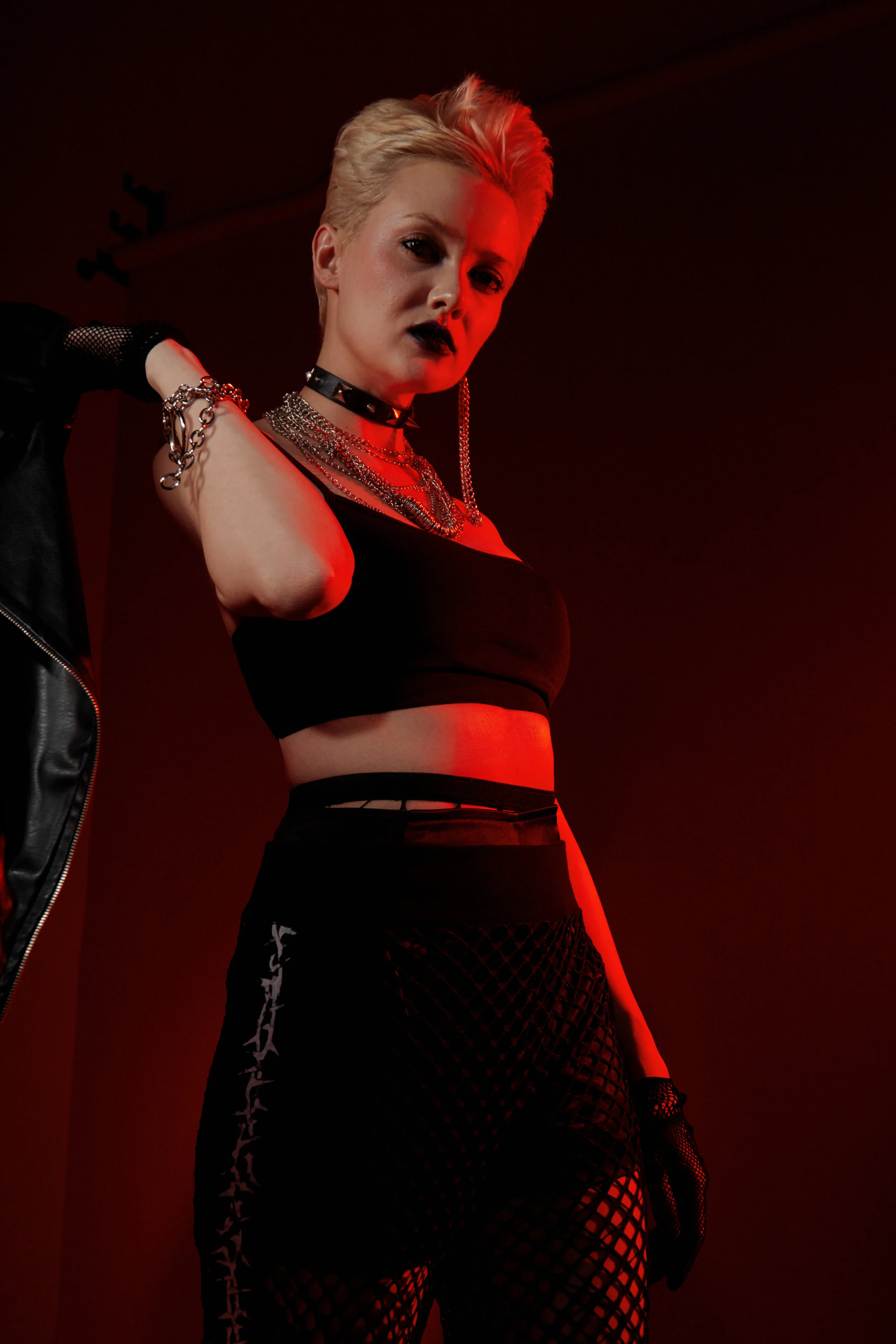 Mesh pants - designer Ivan Bytchik Leather vest - designer Nadezda Sizova Chains and shoes, tights, mesh gloves - Stylist property