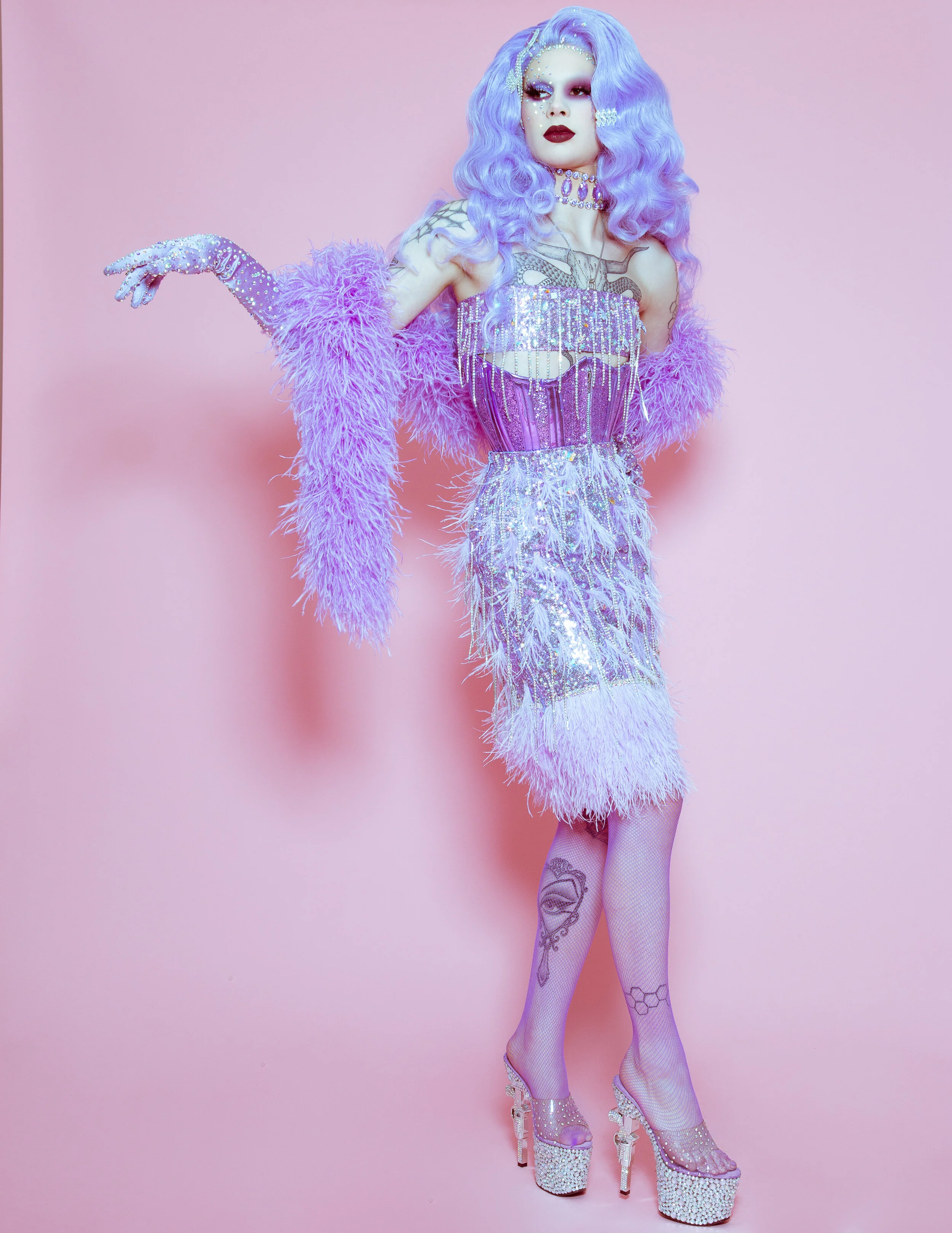 Top & Skirt- Quin Black Boa- Feather Paradise Corset- Mystic City Shoes- Pleaser