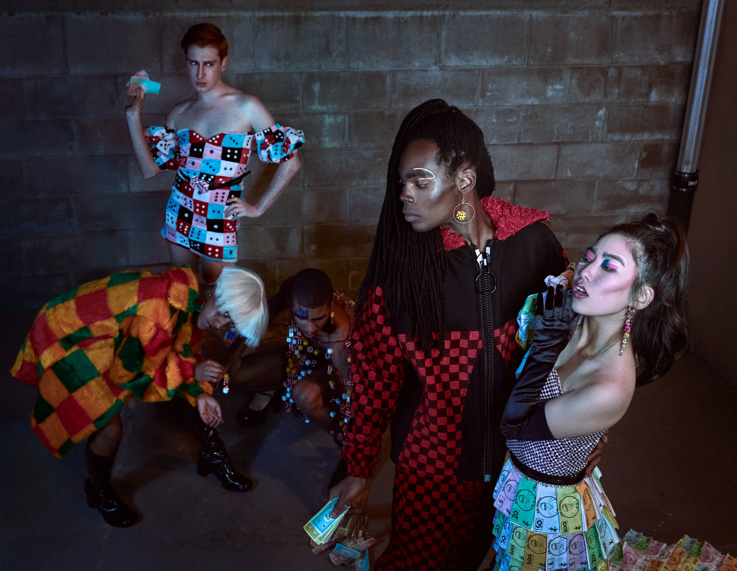 Eric: Checker Corduroy question mark jacket, checker corduroy pants with dice chain. Dash: Deconstructed fuzzy dice dress with puff sleeve Tommy: Dice chain top, color block wool shorts Jewell: Checker sequin dress, vintage faux fur checker jack