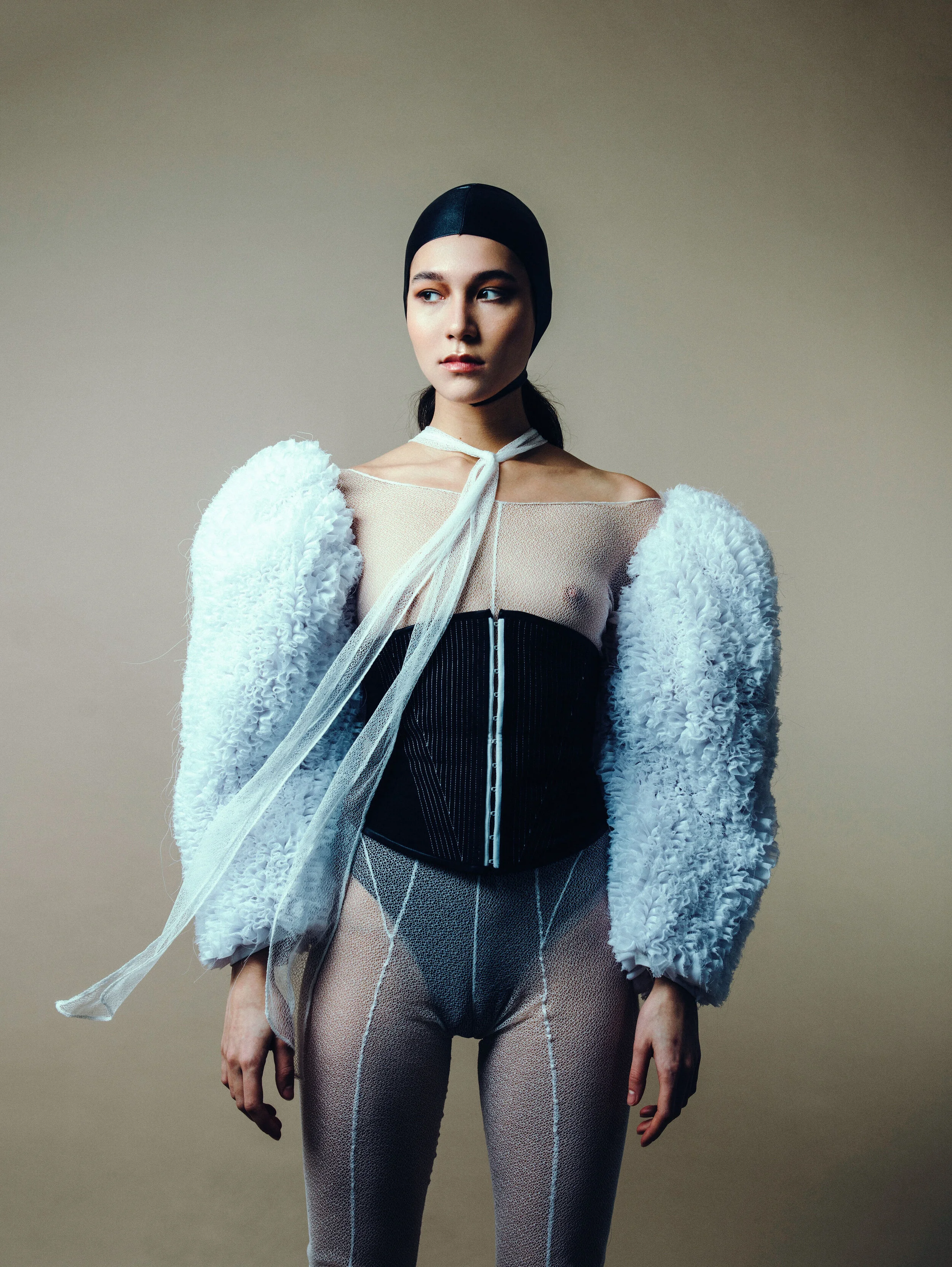 Transparent Catsuit with ruffled puffed sleeves black corsage with white stitches