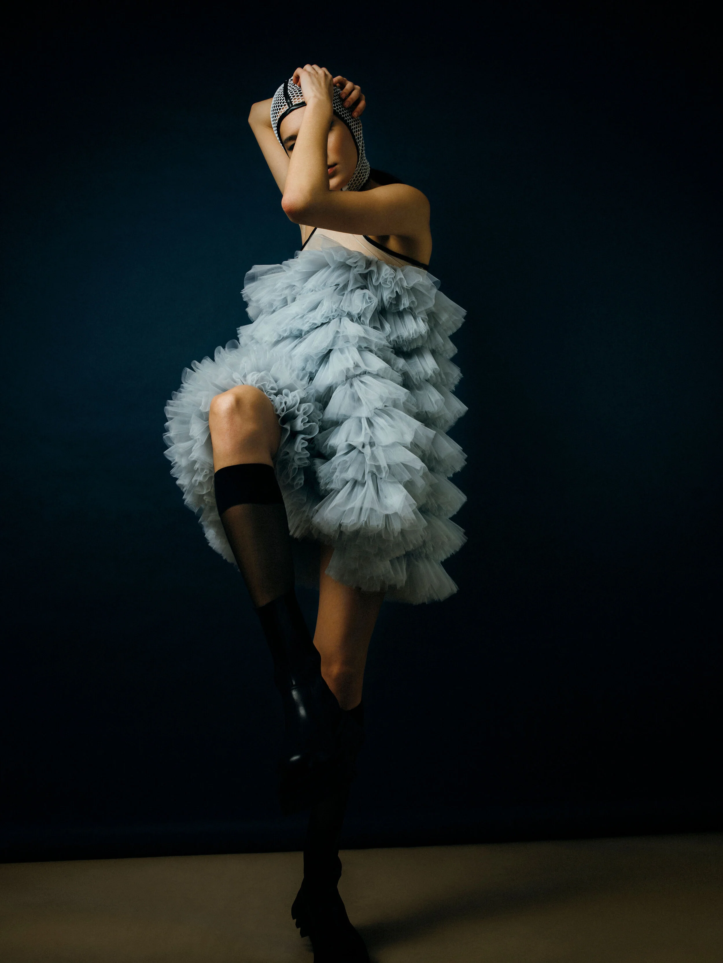 Blue ruffled tulle mini dress transparent hat with black details