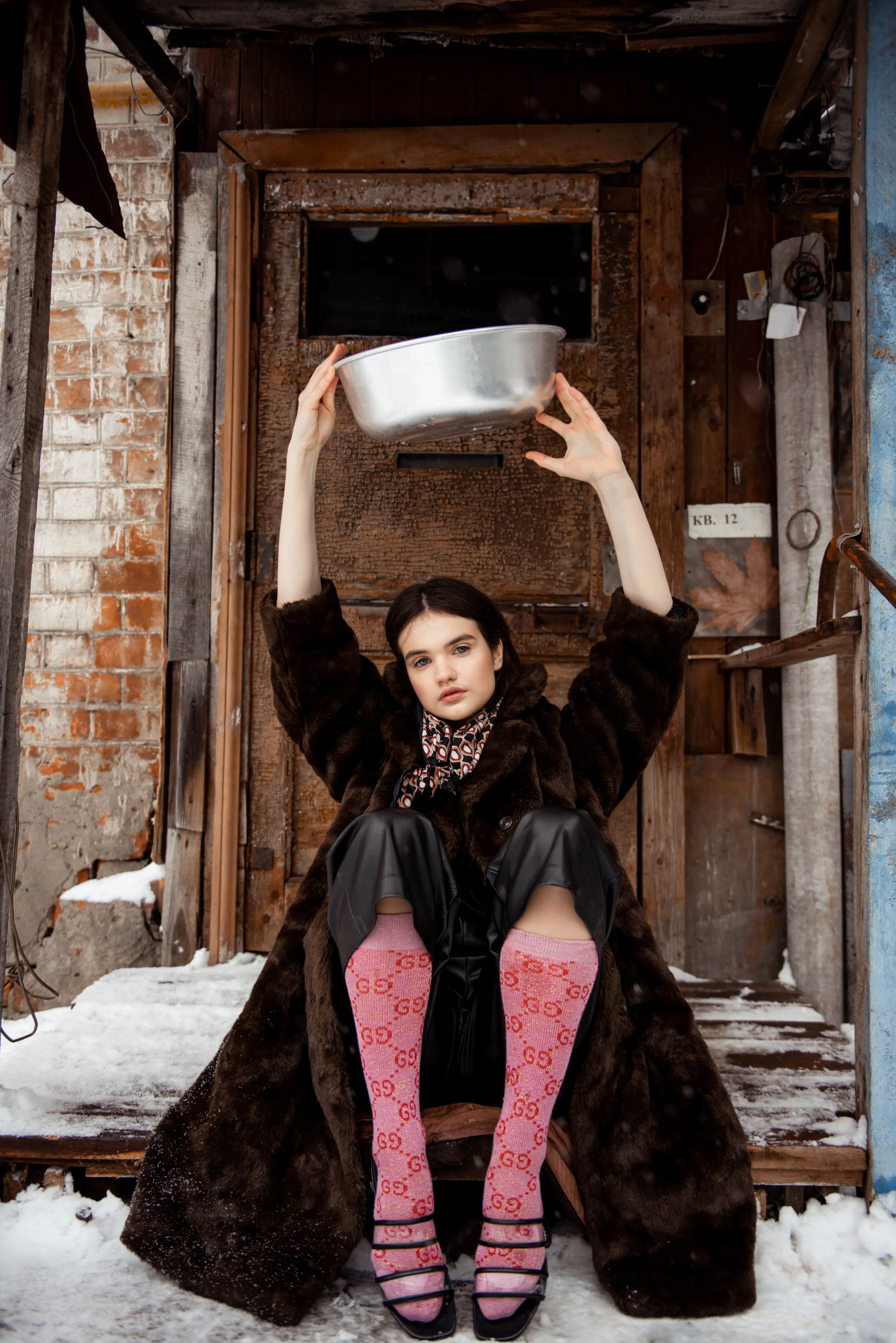 Photographer: Vladislav Vorontsov Model: Asya Pahtunova @envoleemodels Makeup Artist: Valeriya Chaika Fashion stylist: Madame_shi Виктория Шилова Wardrobe Credits: Handkerchief-Zara Fur Coat — Stylist property Shorts — Zara Socks — Gucci