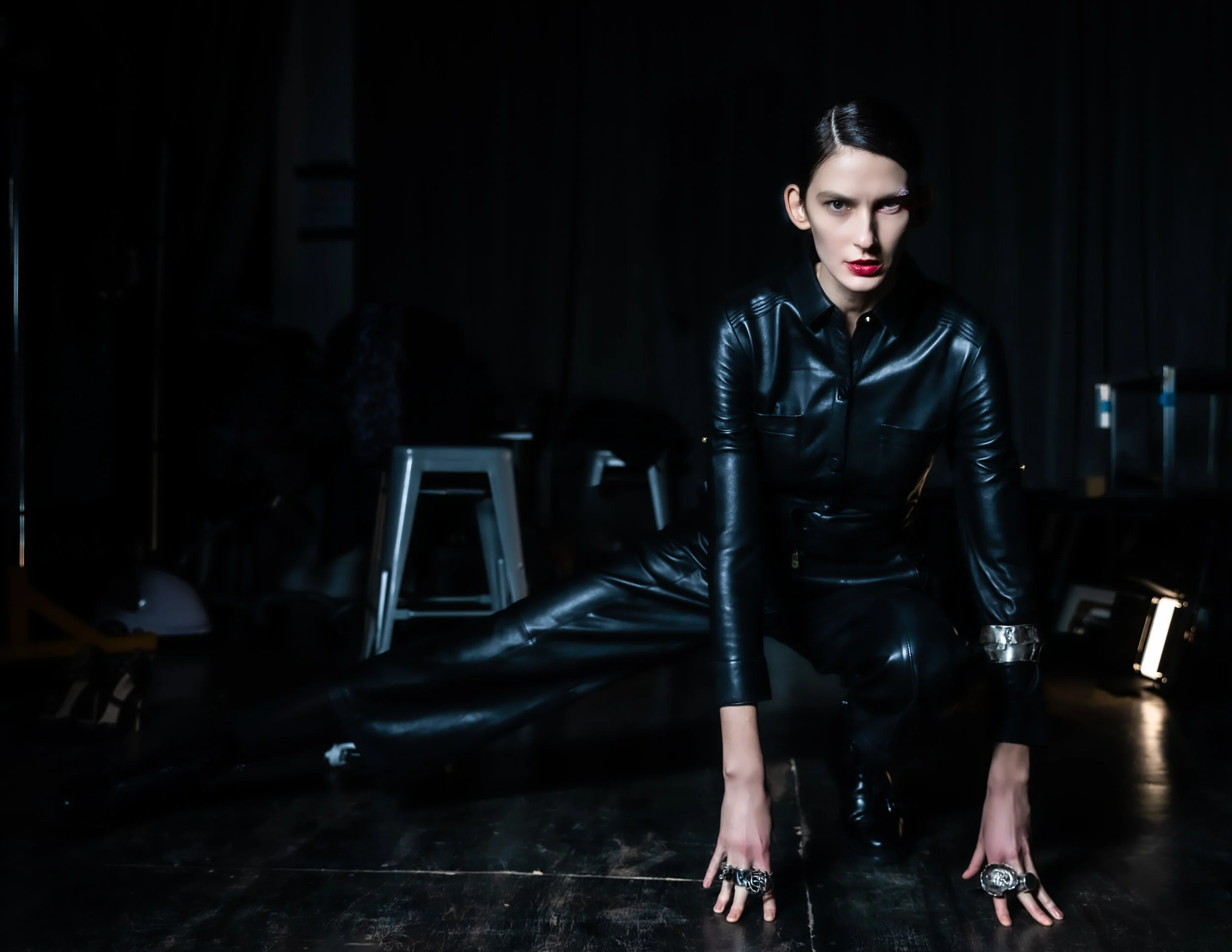 Photographer: Stephen Mihalchik Female Model: Olga Savina @Fenton Creative Director: Chris Lavish Makeup Artist: Mitch Yoshida Art Director/Hair Stylist: Hair Stylist Jason Linkow Assistant: Jonathan Fang Wardrobe Credits: Black Leather Bodys