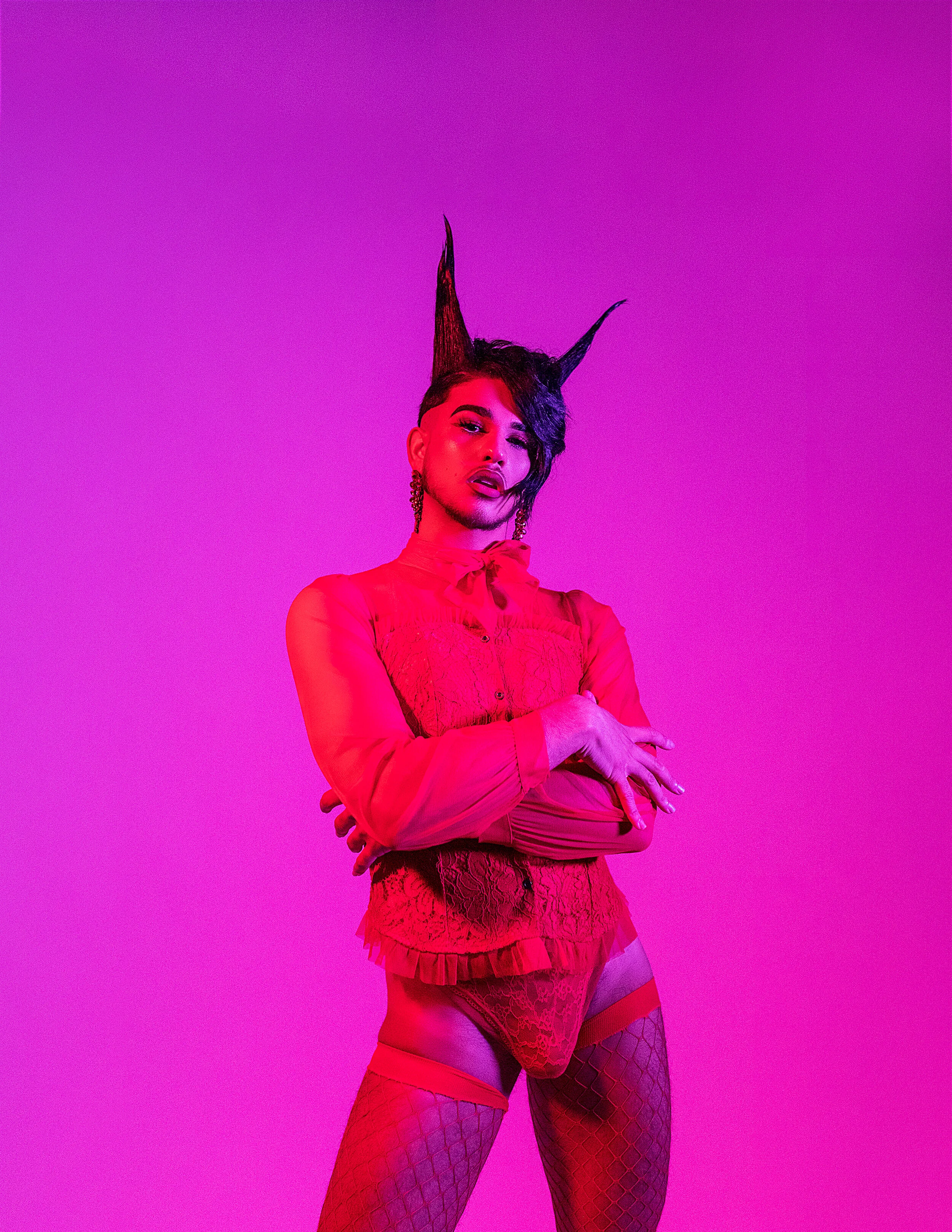 Wardrobe Stylist/Creative Director/Photographer/Retoucher: Tomie Wilson Wardrobe Stylist/Male Model/Makeup Artist/Hair Stylist: Brandon Cordero Wardrobe Credits: Lingerie is vintage thrifted.