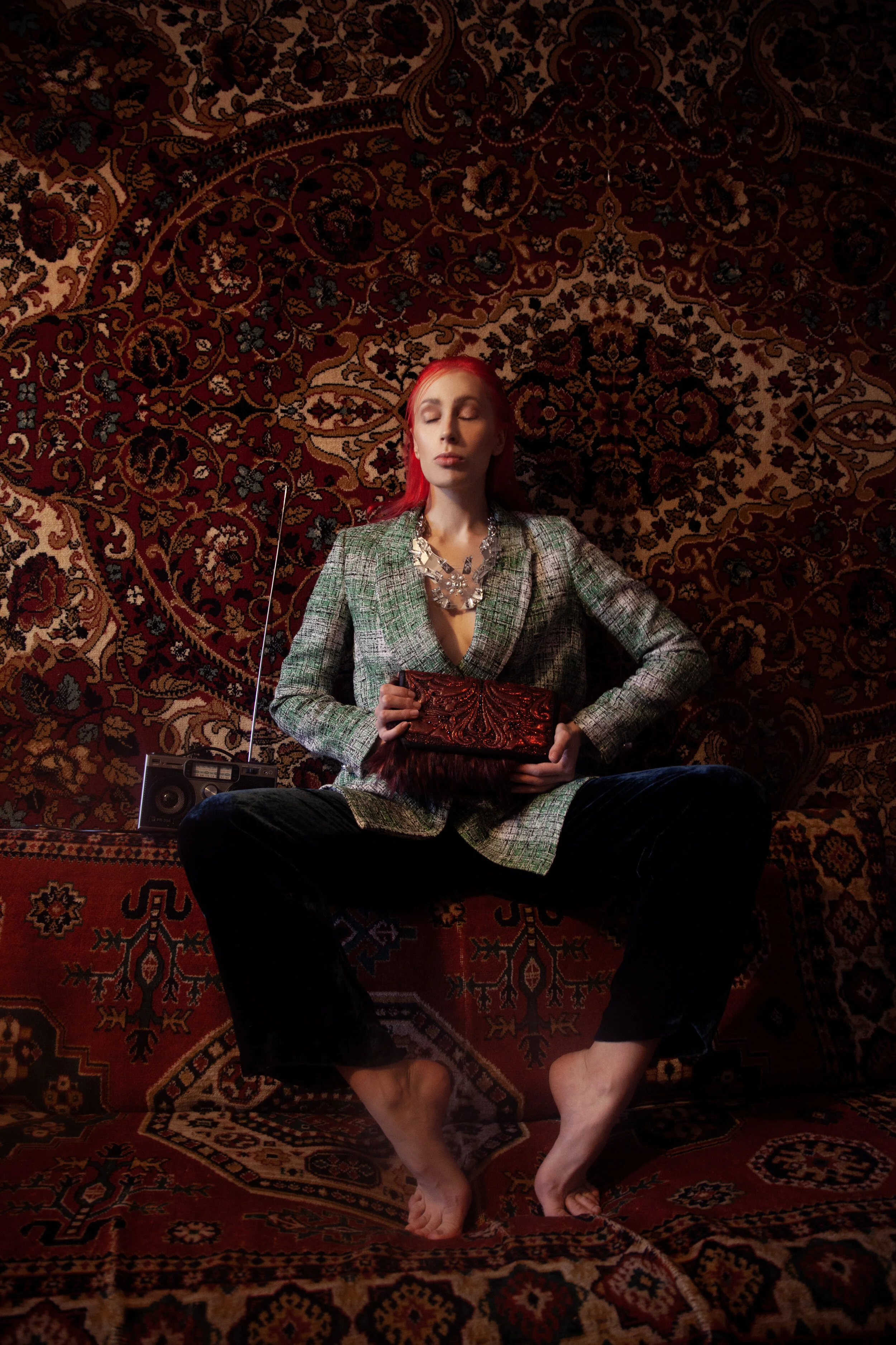 Photographer, Retoucher: Polovodova Ksusha Female Model: Helen Yushkova Stylist: Lana Salakhetdinova Makeup Artist/Hair Stylist: Masha Strogaya Fashion Designer: Valentina Bukeeva Wardrobe Credits: Jacket: Zara Pants: Zara Bag: Valentina B