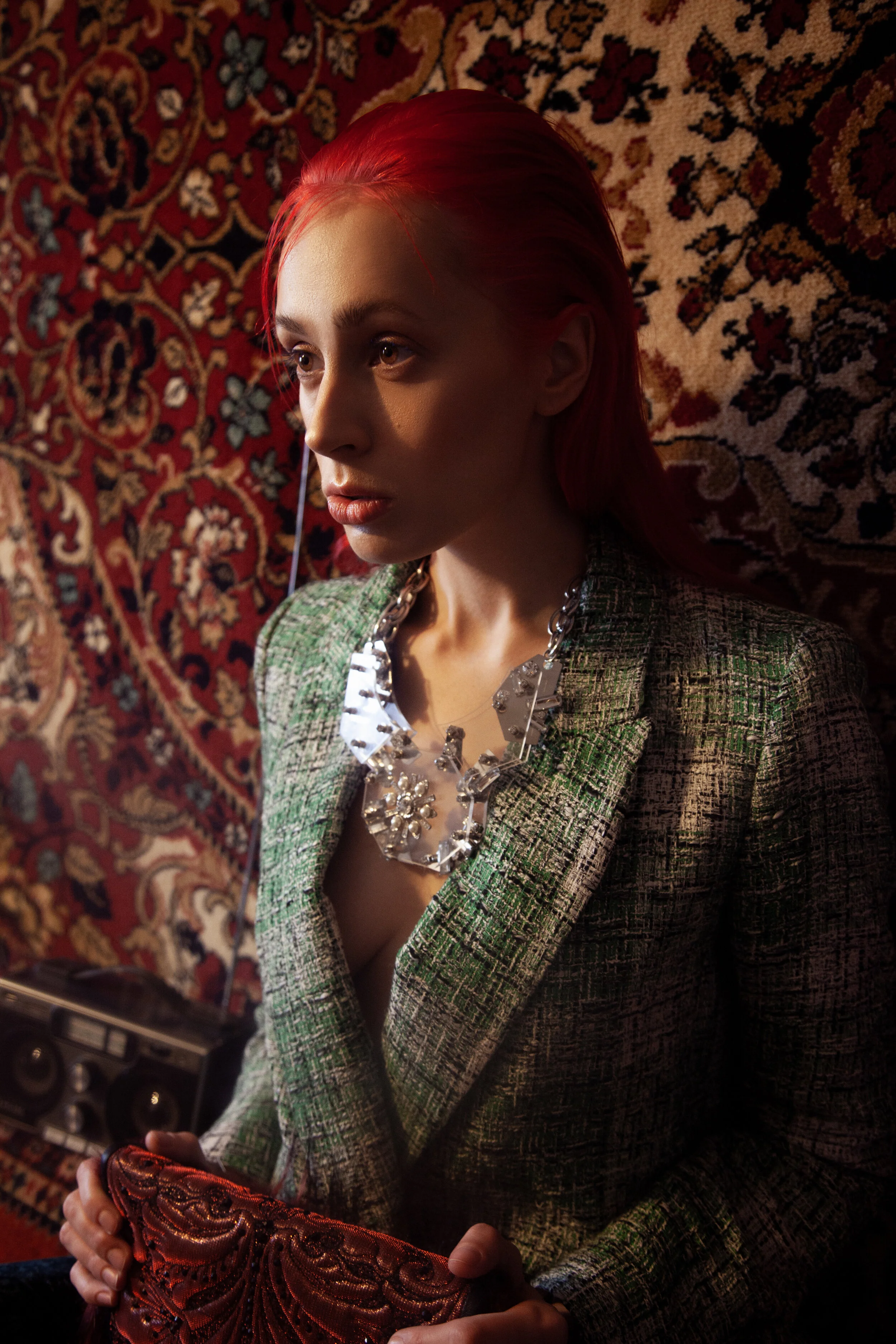 Photographer, Retoucher: Polovodova Ksusha Female Model: Helen Yushkova Stylist: Lana Salakhetdinova Makeup Artist/Hair Stylist: Masha Strogaya Fashion Designer: Valentina Bukeeva Wardrobe Credits: Jacket: Zara Bag: Valentina Bukeeva Neckla