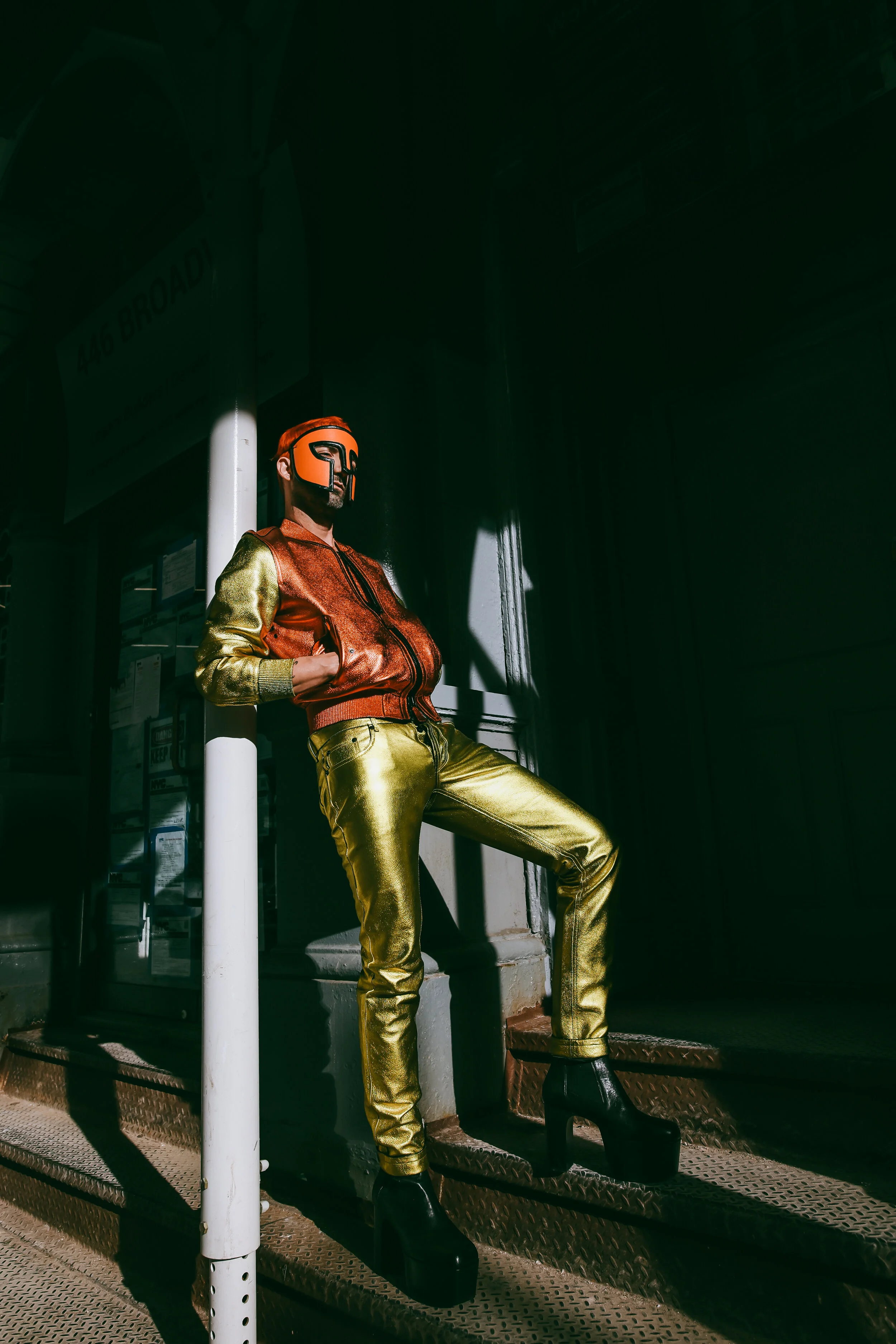 Photographer: Tatiana Katkova Wardrobe Stylist/Creative Director/Model/Makeup Artist/Hair Stylist: Andi Ospina Wardrobe Credits: Mask by: @ktz_official Outfit by: @burberry Boots by: @rickowensonline Via:@officalkavyar