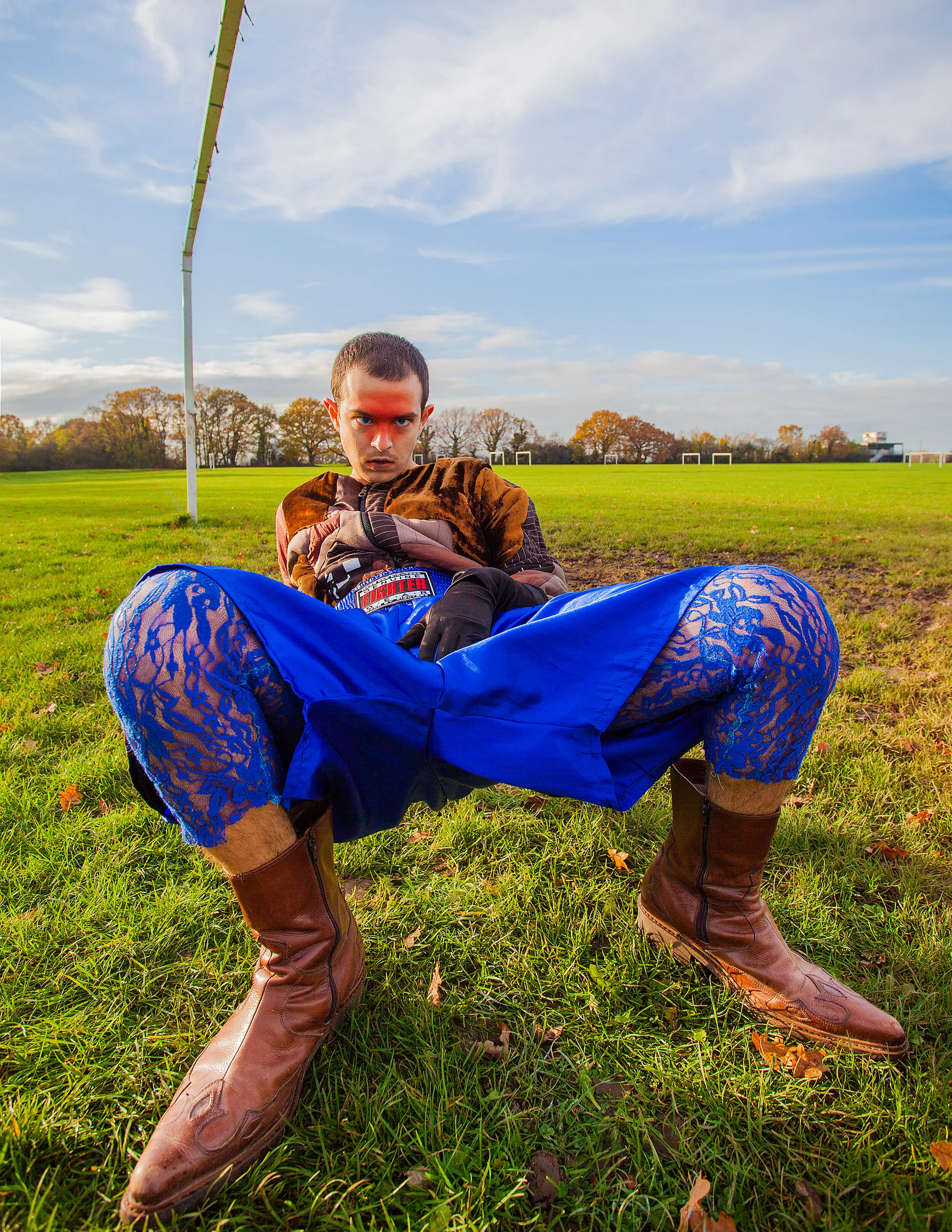 Art Director: Luena Paulino Male Model: Sorin Varga Wardrobe Stylist: Tudor Covaciu Photographer: Amelia Sonsino Makeup Artist: Stefan Zamfor Wardrobe Credits: Jacket and Leggings by CONGREGATIONdesign Shorts, Boots and Gloves from Styli