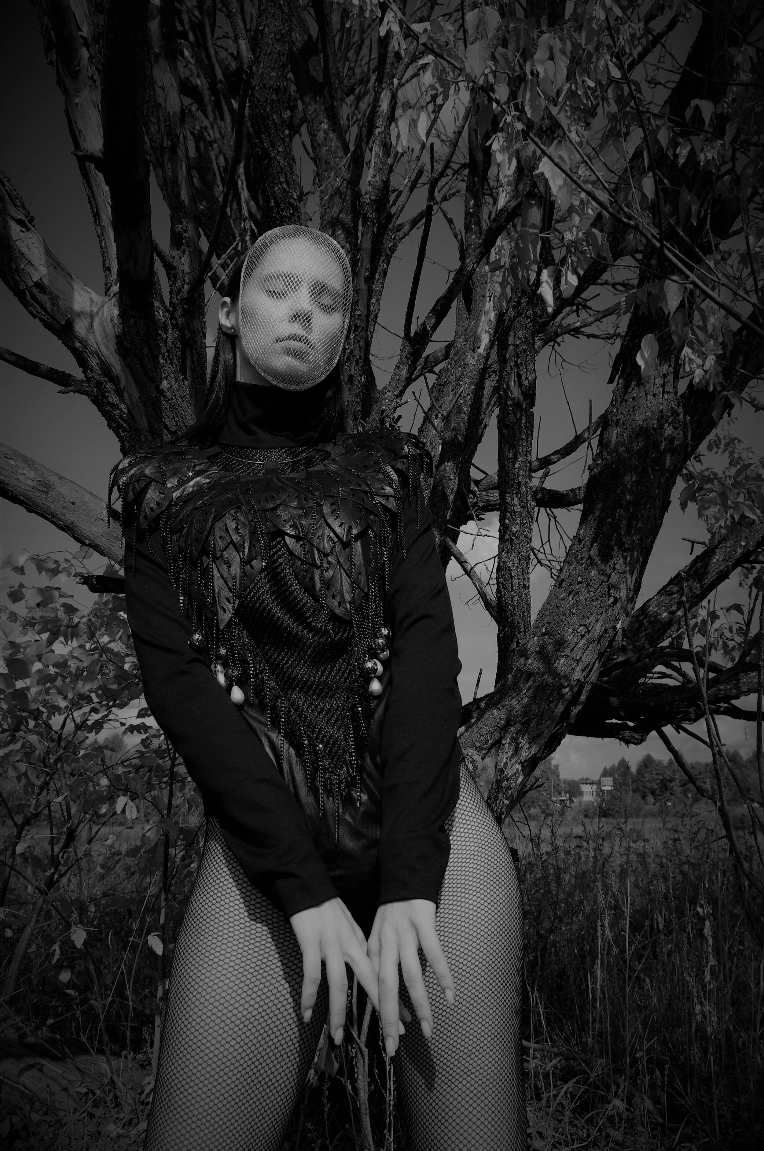 Photographer: Marina Uralskaya Model: Valentina Gorbacheva Fashion Designer: Marina Uralskaya Wardrobe Credits: Silver mask,leather and pearls cape , tweed and jersy bodysuit by Marina Uralskaya