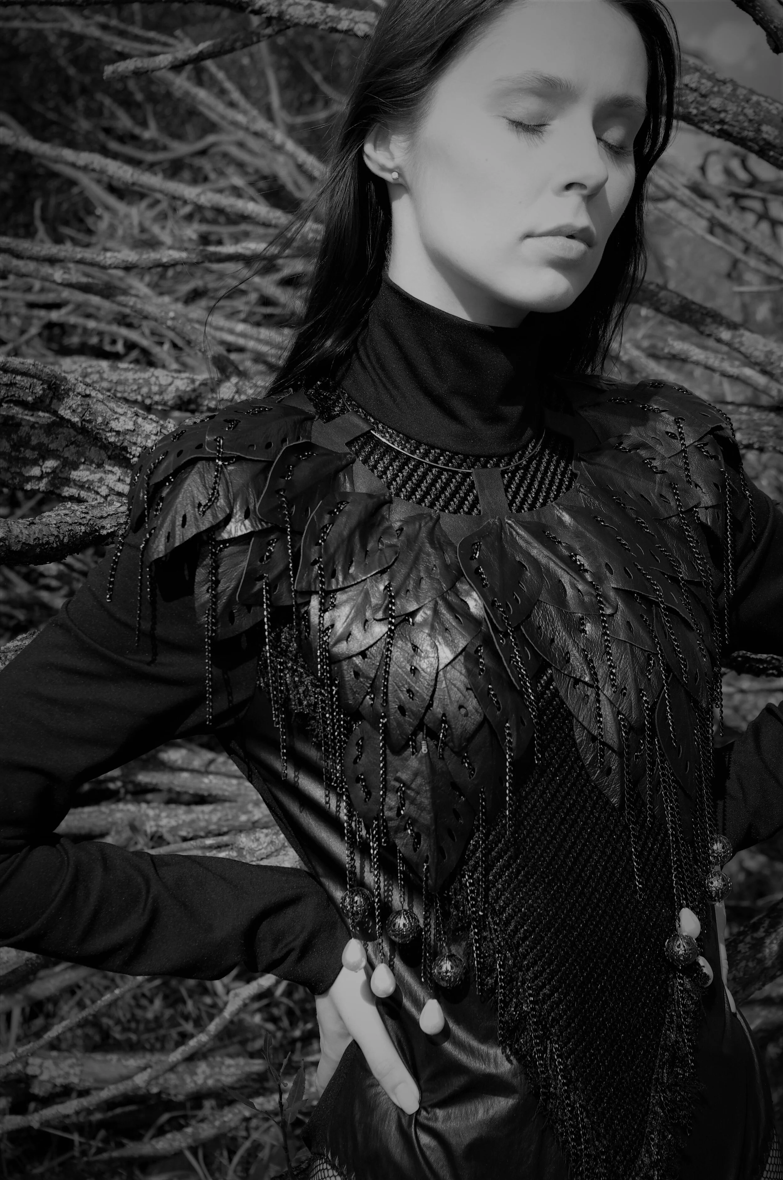 Photographer: Marina Uralskaya Model: Valentina Gorbacheva Fashion Designer: Marina Uralskaya Wardrobe Credits: Leather,pearls and corals cape , leather bodysuit by Marina Uralskaya