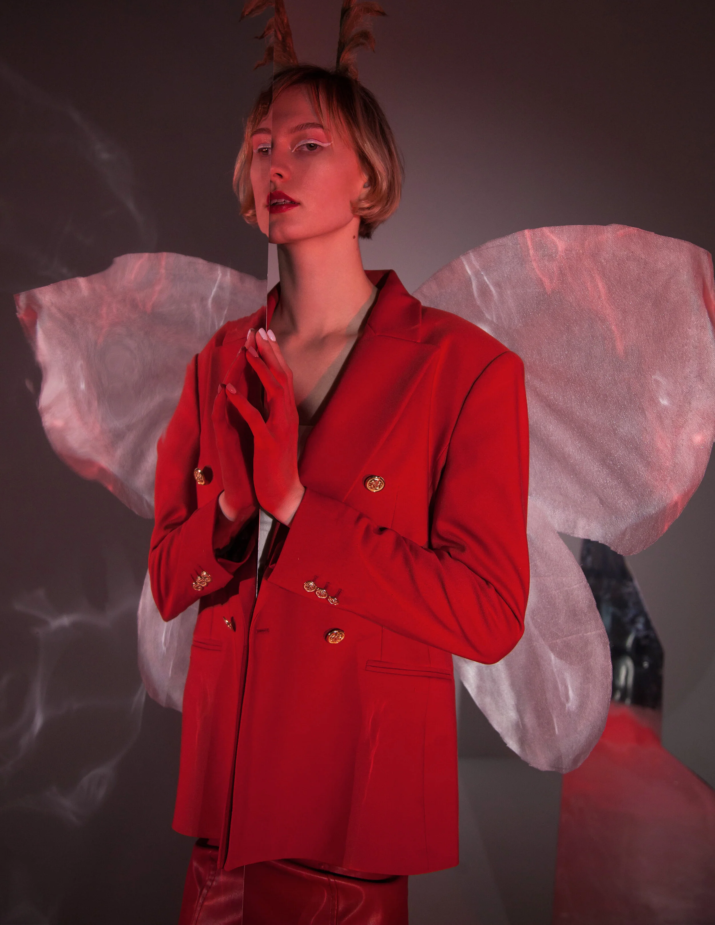 Wardrobe Stylist/Photographer/Retoucher: Nika Jakhaeva Female Model: Maria Klets Makeup Artist/Accessory Designer: Olesya Morgunova Wardrobe Credits: jacket, shoes,top: ZARA skirt: Mohito the wings and horns on the head are the property o