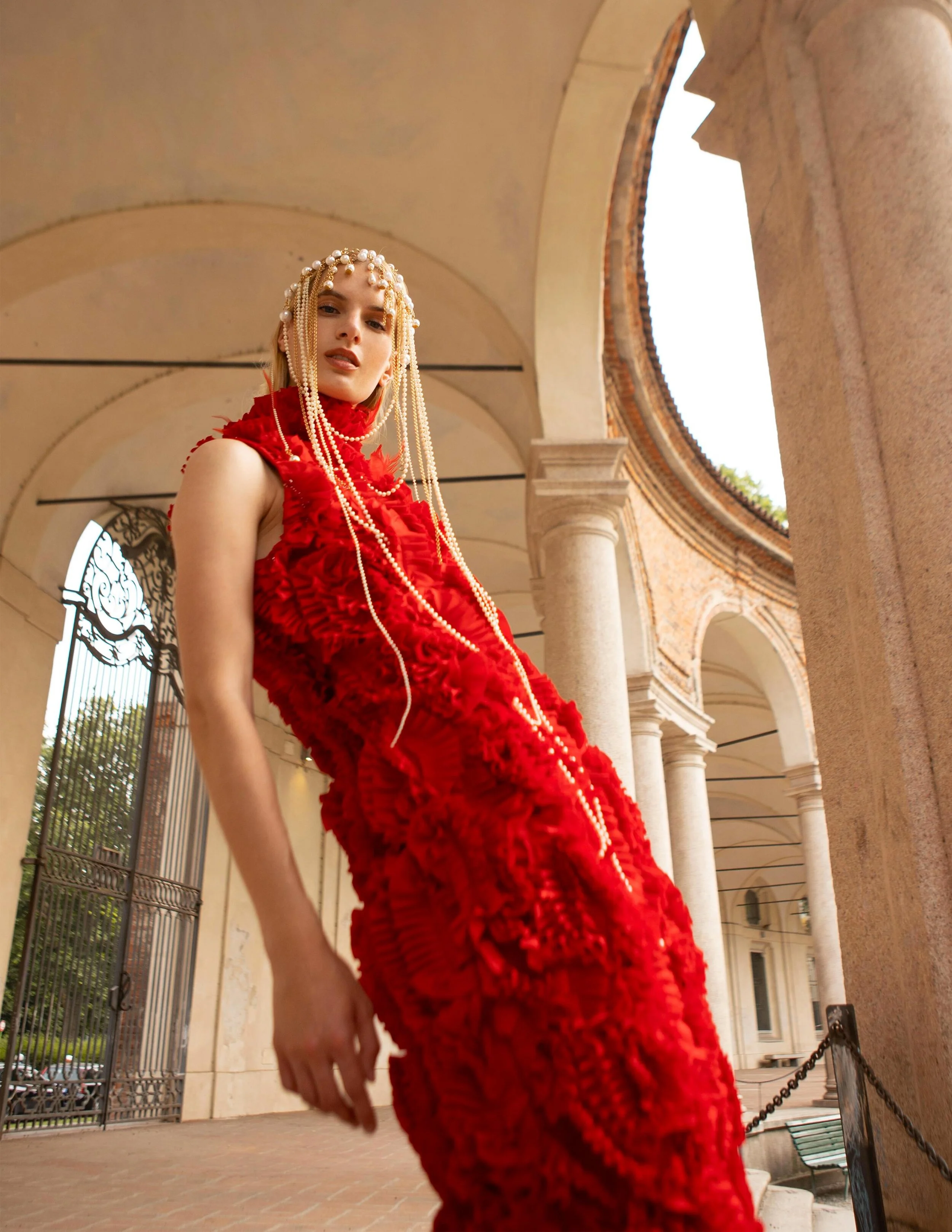Wardrobe Stylist: Laura Maria Tonelli Photographer: Silvia Piva model agency: Sophie Models Milano Makeup Artist: Francesca Rezzola Model: Lìvia Murvai @Sophie Models Wardrobe Credits: Dress: Mirko Bruno @mirko_bruno_creation Head piece:
