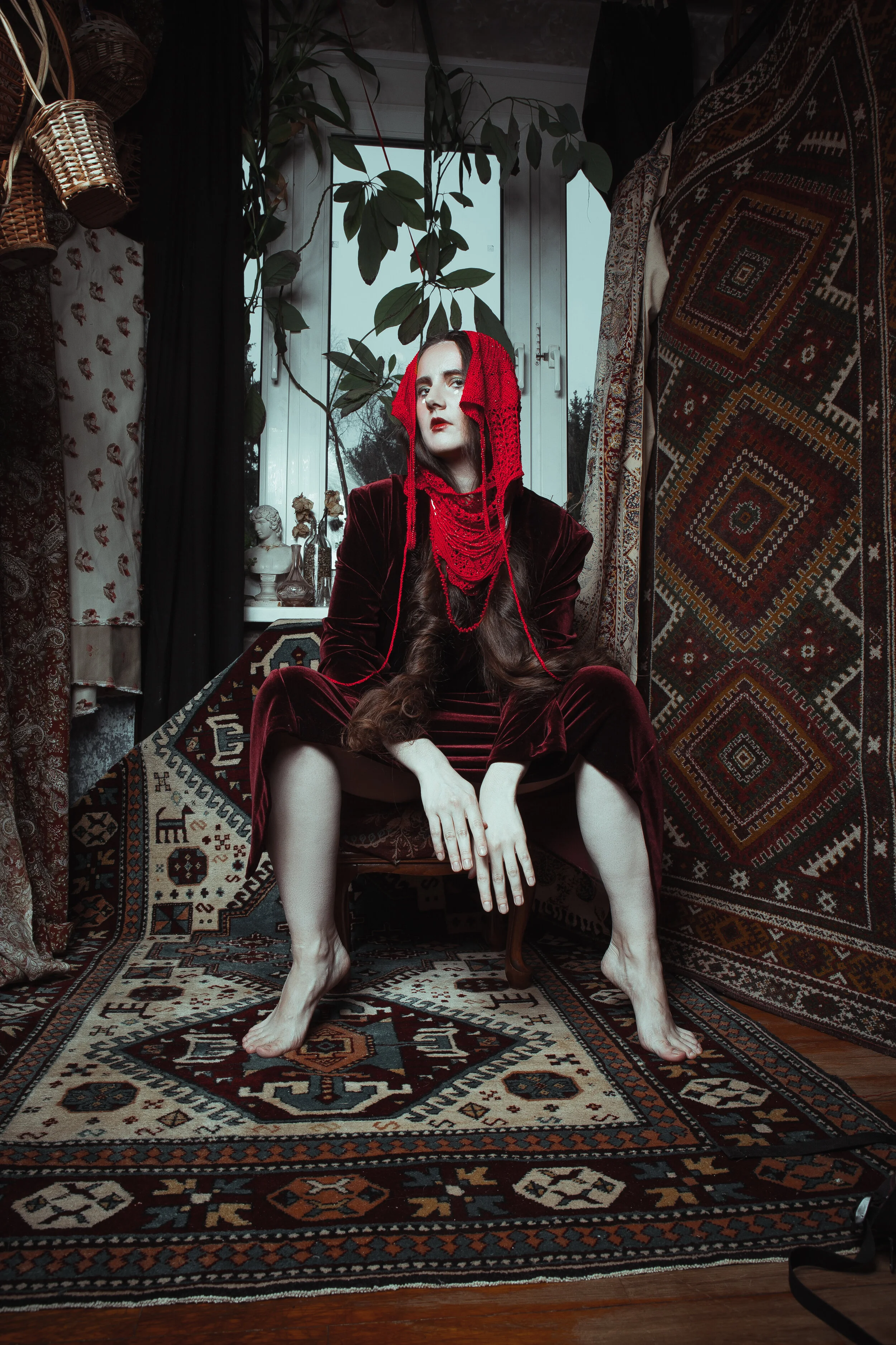 Photographer: Rumyanceva Mari Model: Ledntva Daria Wardrobe Stylist/Female Model: Burenkova Anastasia Makeup Artist: Olga Kolchanova Wardrobe Credits: .Mulberry dress and suit - Liona collection; red hairdress, beads - vintage