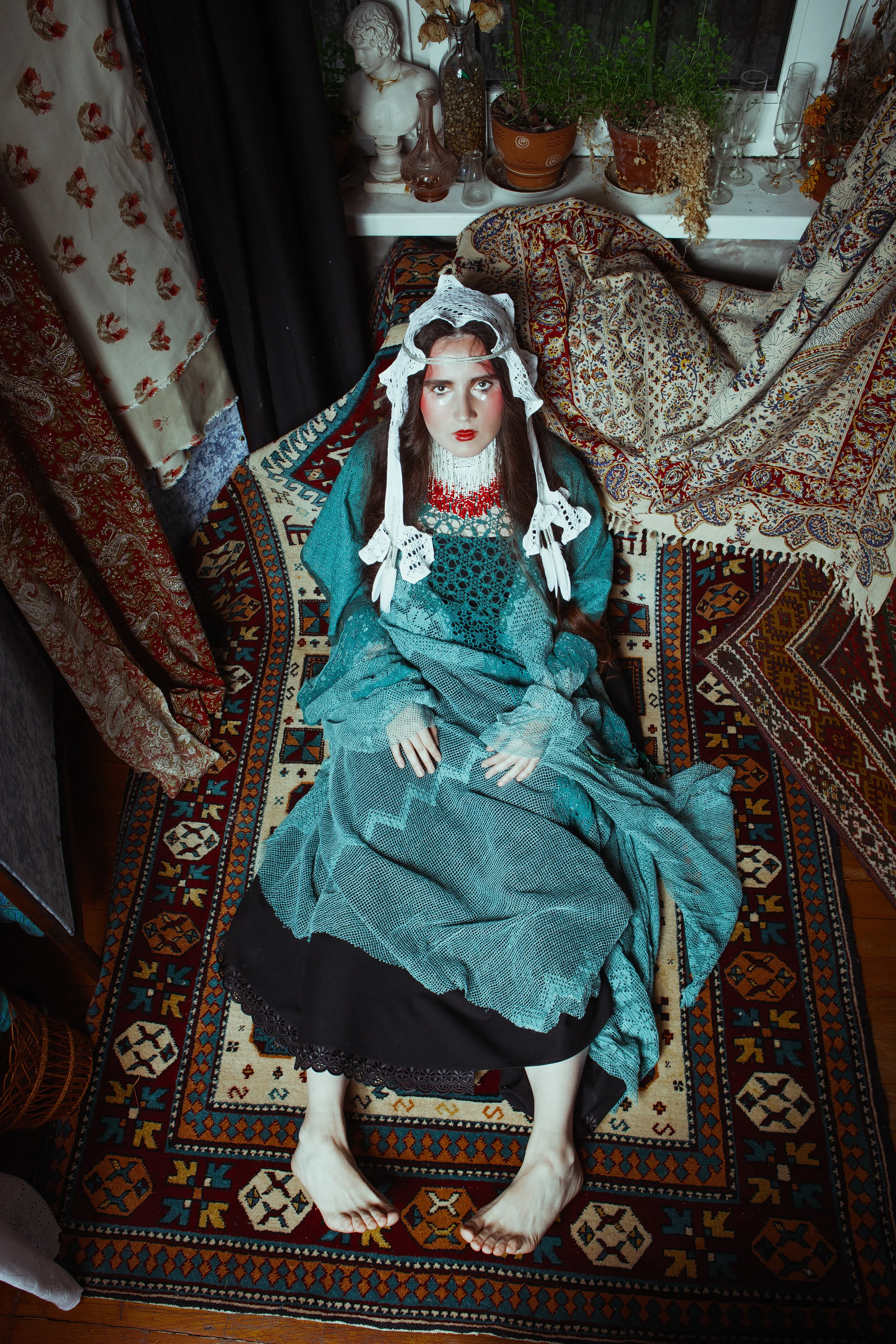 Photographer: Rumyanceva Mari Wardrobe Stylist/Female Model: Burenkova Anastasia Model: Ledntva Daria Makeup Artist: Olga Kolchanova Wardrobe Credits: Black dress, Ocean lace robe - @drugoi__mir; hairdress, choker- Anastasia Burenkova