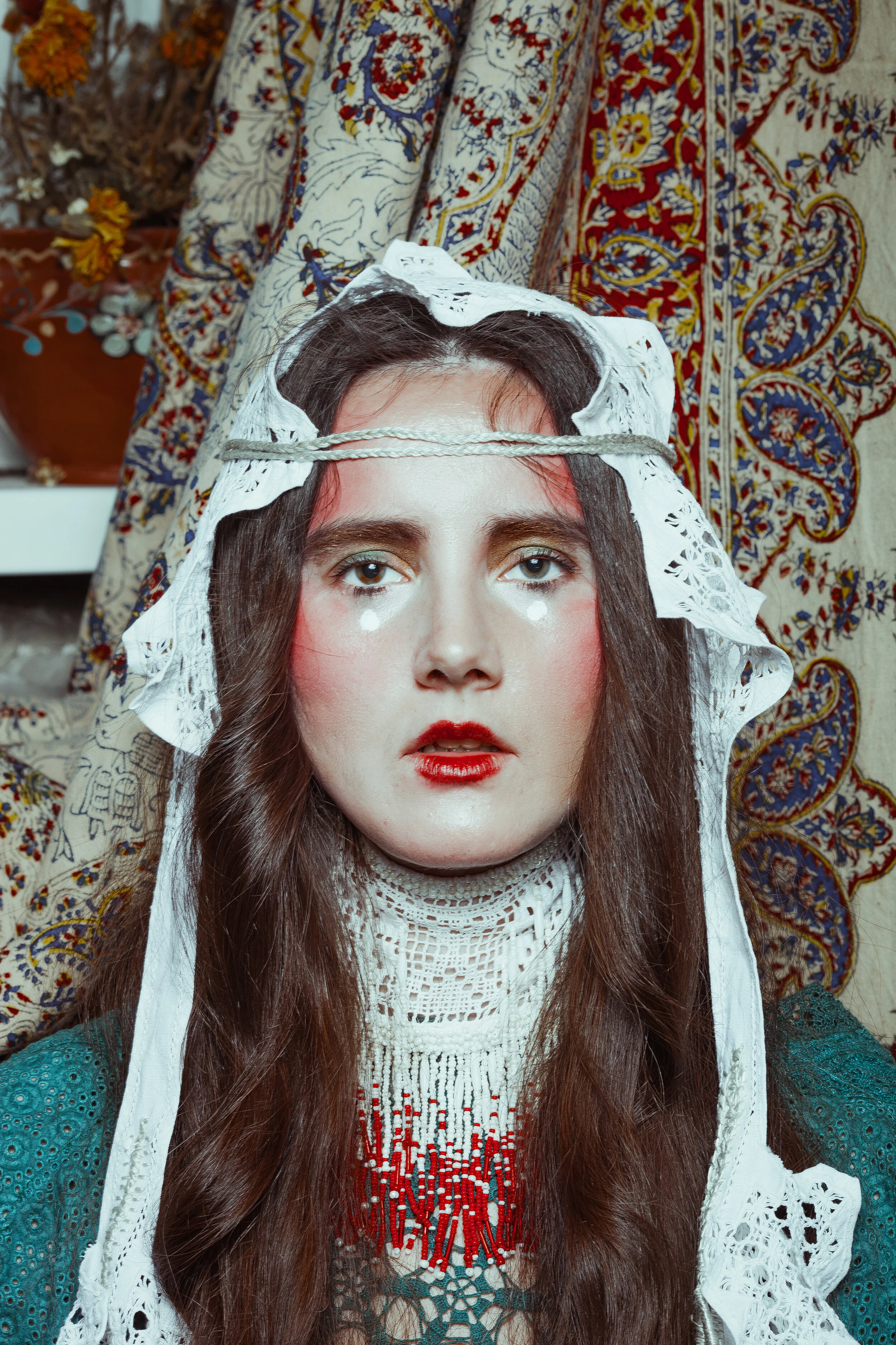Photographer: Rumyanceva Mari Wardrobe Stylist/Female Model: Burenkova Anastasia Model: Ledntva Daria Makeup Artist: Olga Kolchanova Wardrobe Credits: Black dress, Ocean lace robe - @drugoi__mir; hairdress choker- Anastasia Burenkova