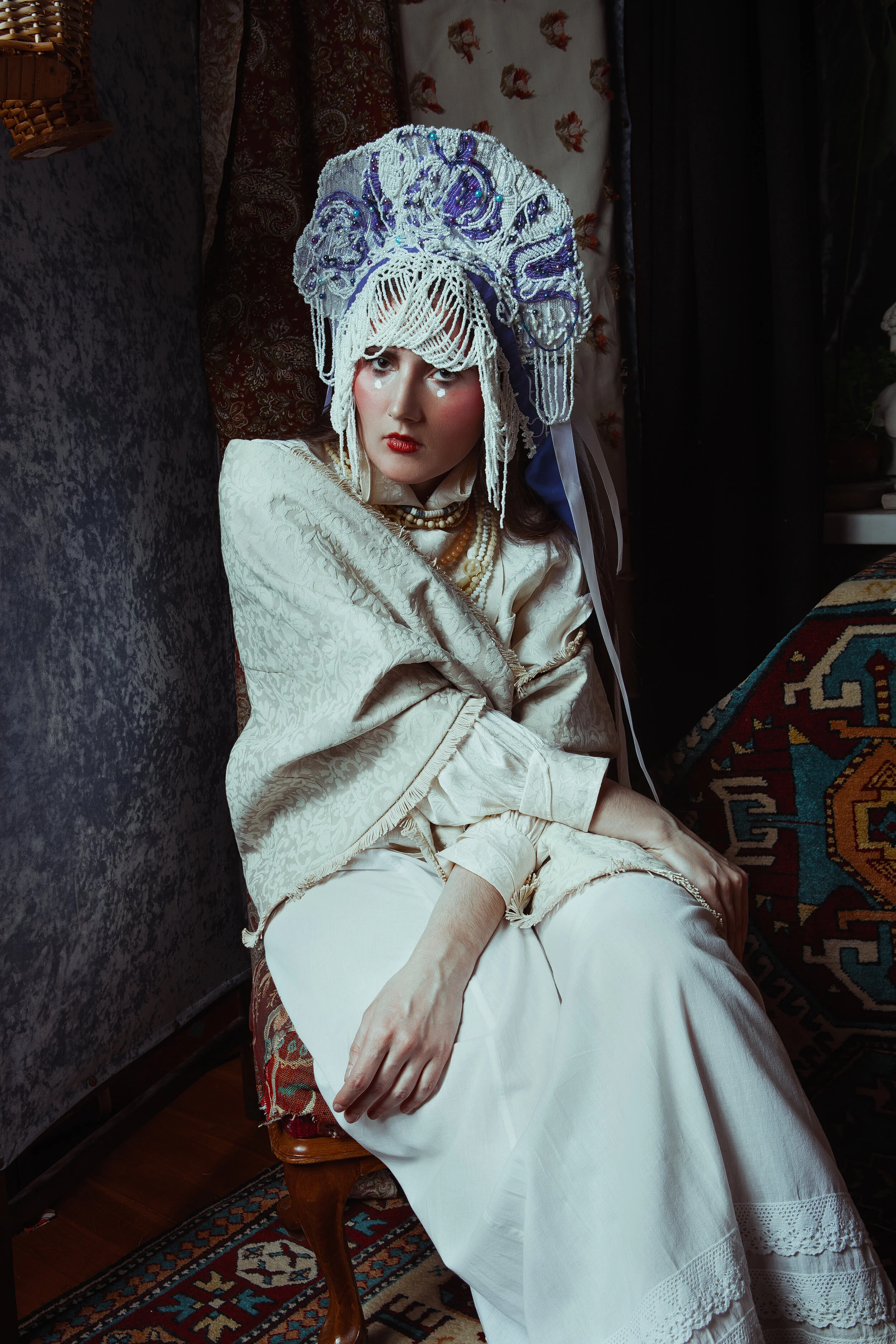 Photographer: Rumyanceva Mari Wardrobe Stylist/Female Model: Burenkova Anastasia Model: Ledntva Daria Makeup Artist: Olga Kolchanova Wardrobe Credits: Blouse - Werner Graumann Skirt, Shawl - @backstage.vintage hairdress - Daria Ledneva