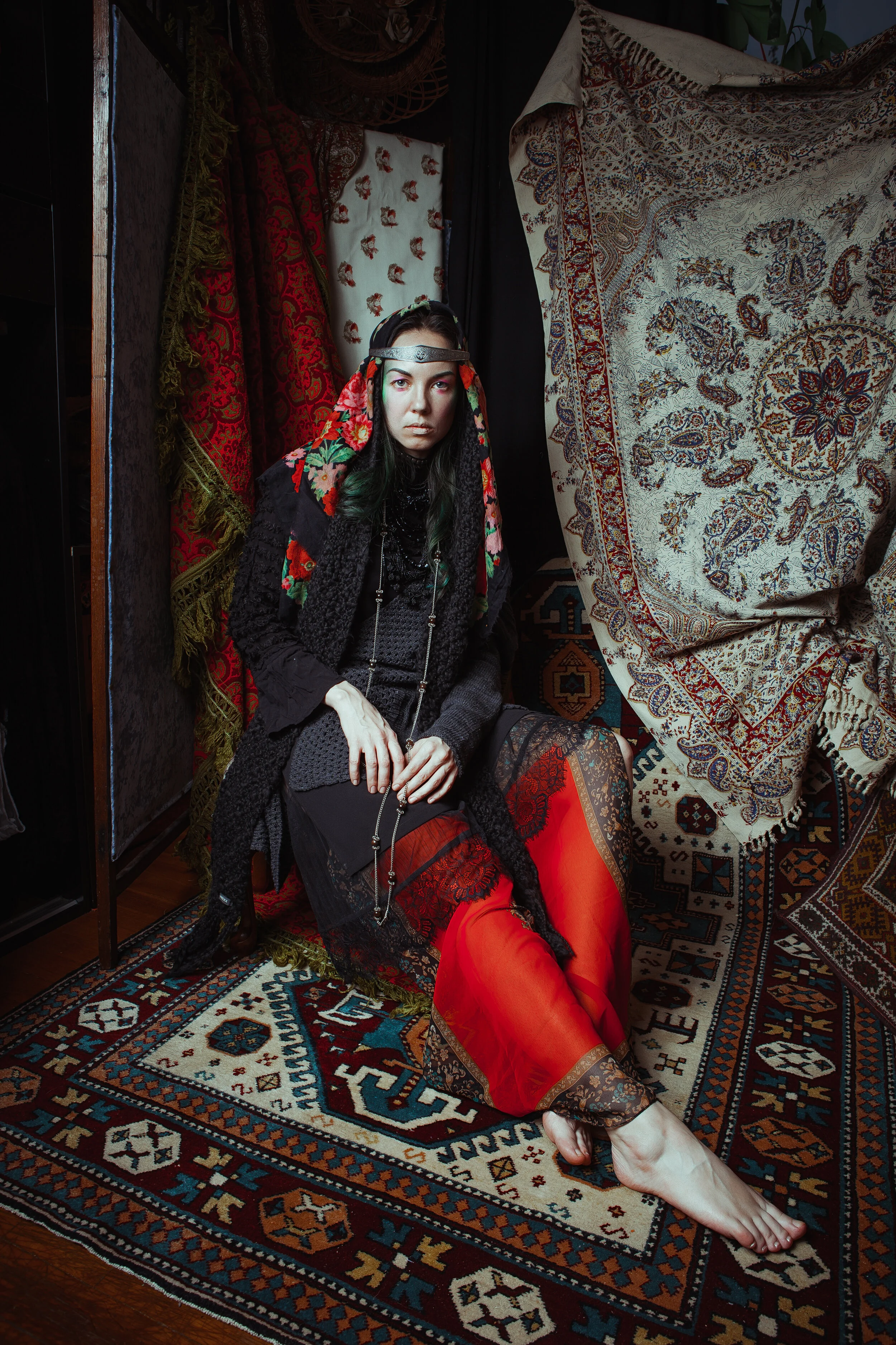 Photographer: Rumyanceva Mari Wardrobe Stylist/Female Model: Burenkova Anastasia Makeup Artist: Olga Kolchanova Wardrobe Credits: 5. Black blouse - Zara knitted cardigan - IPulse knitted scarf - Mexx shawl, bandanna, beads - vintage dre