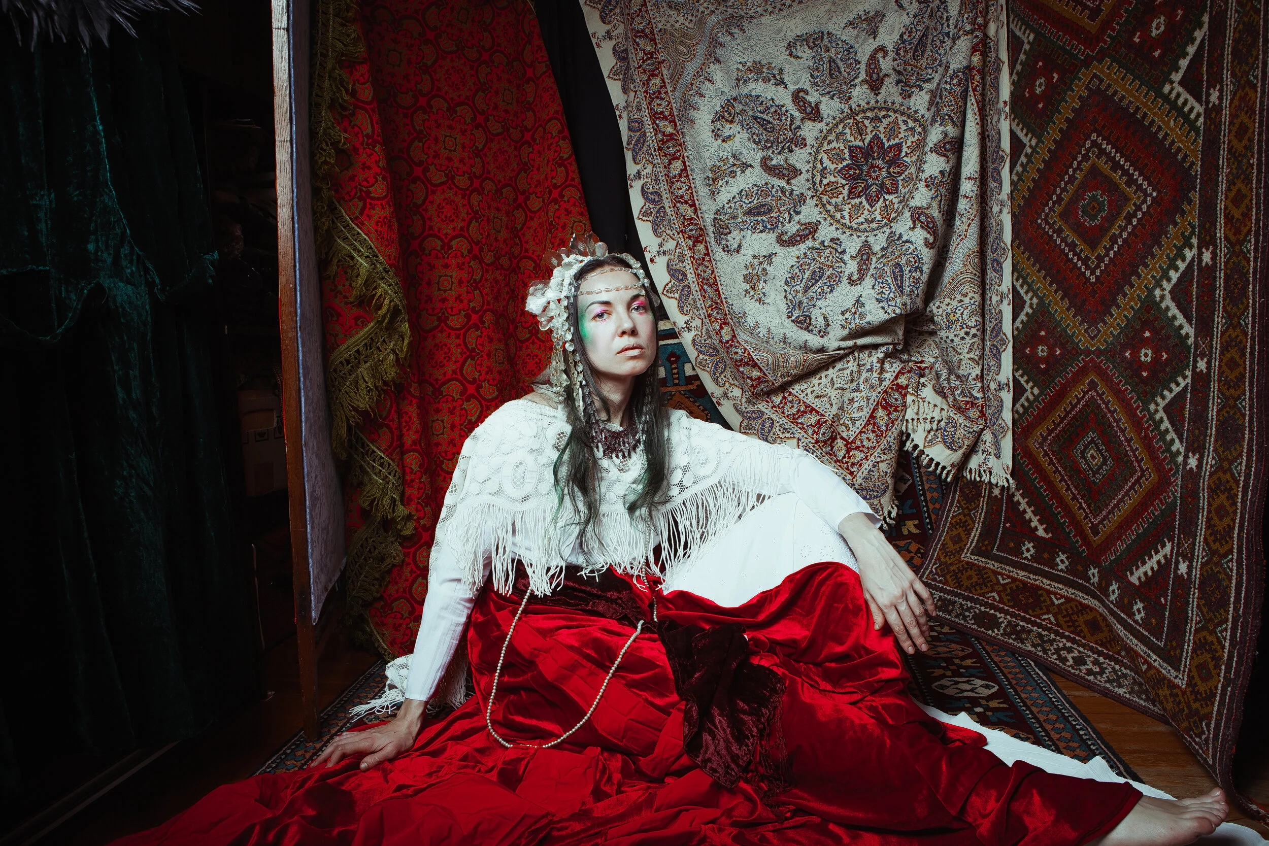 Photographer: Rumyanceva Mari Wardrobe Stylist/Female Model: Burenkova Anastasia Makeup Artist: Olga Kolchanova Wardrobe Credits: Dress, red skirt - Anastasia Burenkova hairdress - @asmedei scarfs, beads - vintage