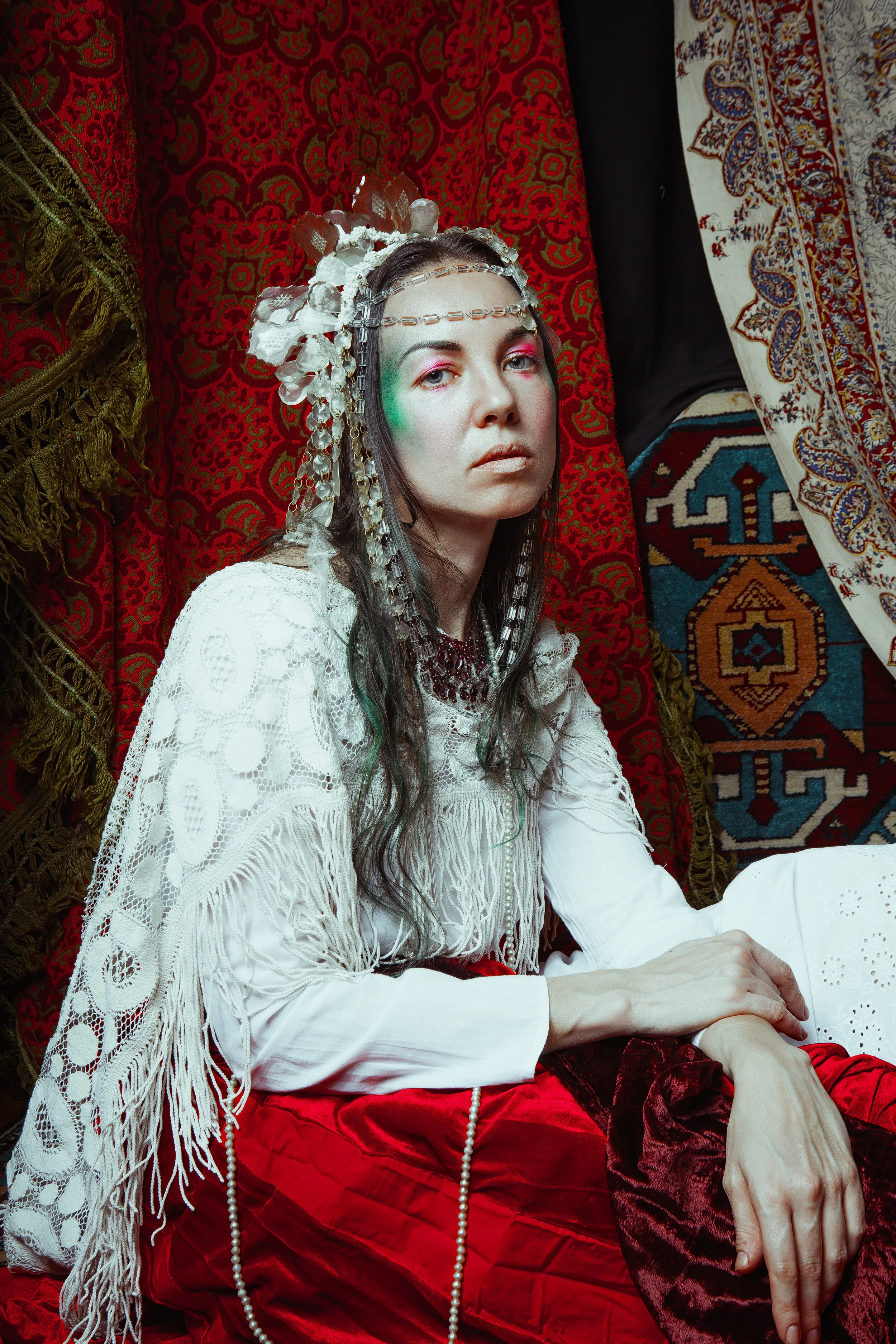 Photographer: Rumyanceva Mari Wardrobe Stylist/Female Model: Burenkova Anastasia Makeup Artist: Olga Kolchanova Wardrobe Credits: Dress, red skirt - Anastasia Burenkova hairdress - @asmedei scarfs, beads - vintage