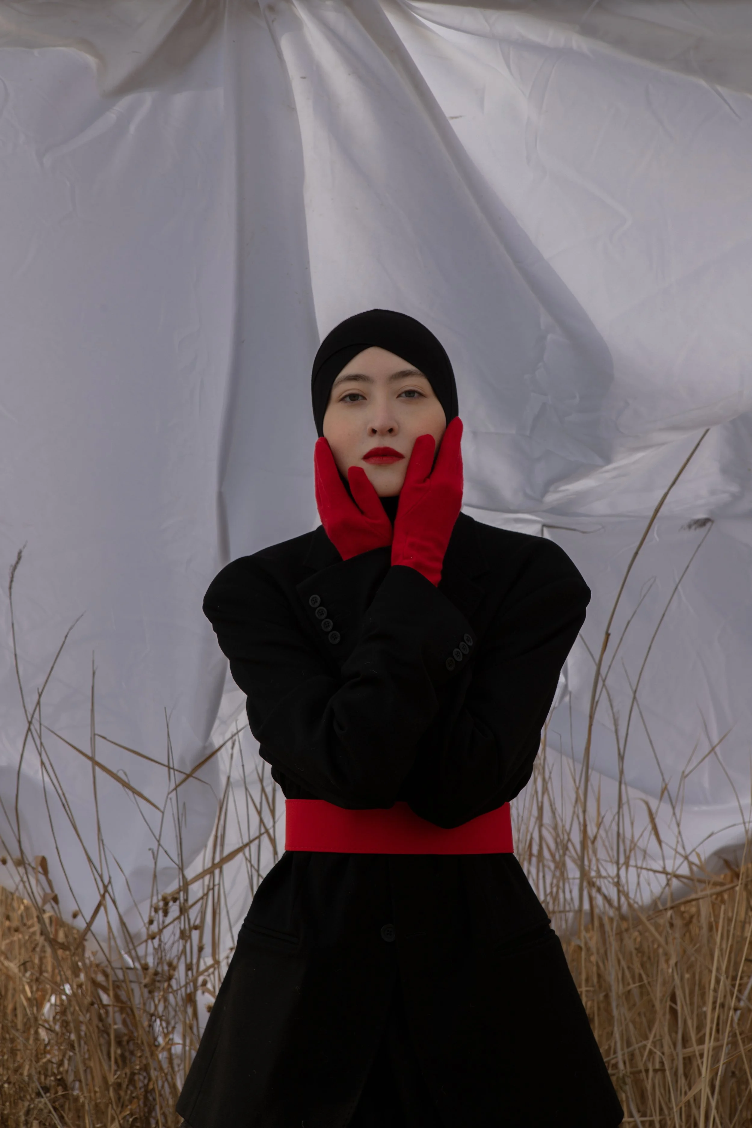 Photographer/Retoucher: Aigul Yesseyeva Model/Makeup Artist: Ainura Kabyldina Assistant: Anar Sattar Wardrobe Stylist: Anara Kairbayeva Wardrobe Credits: Gloves PRADA Jacket Dirk Bikkembergs Belt ALDO Al-Almira Safiya