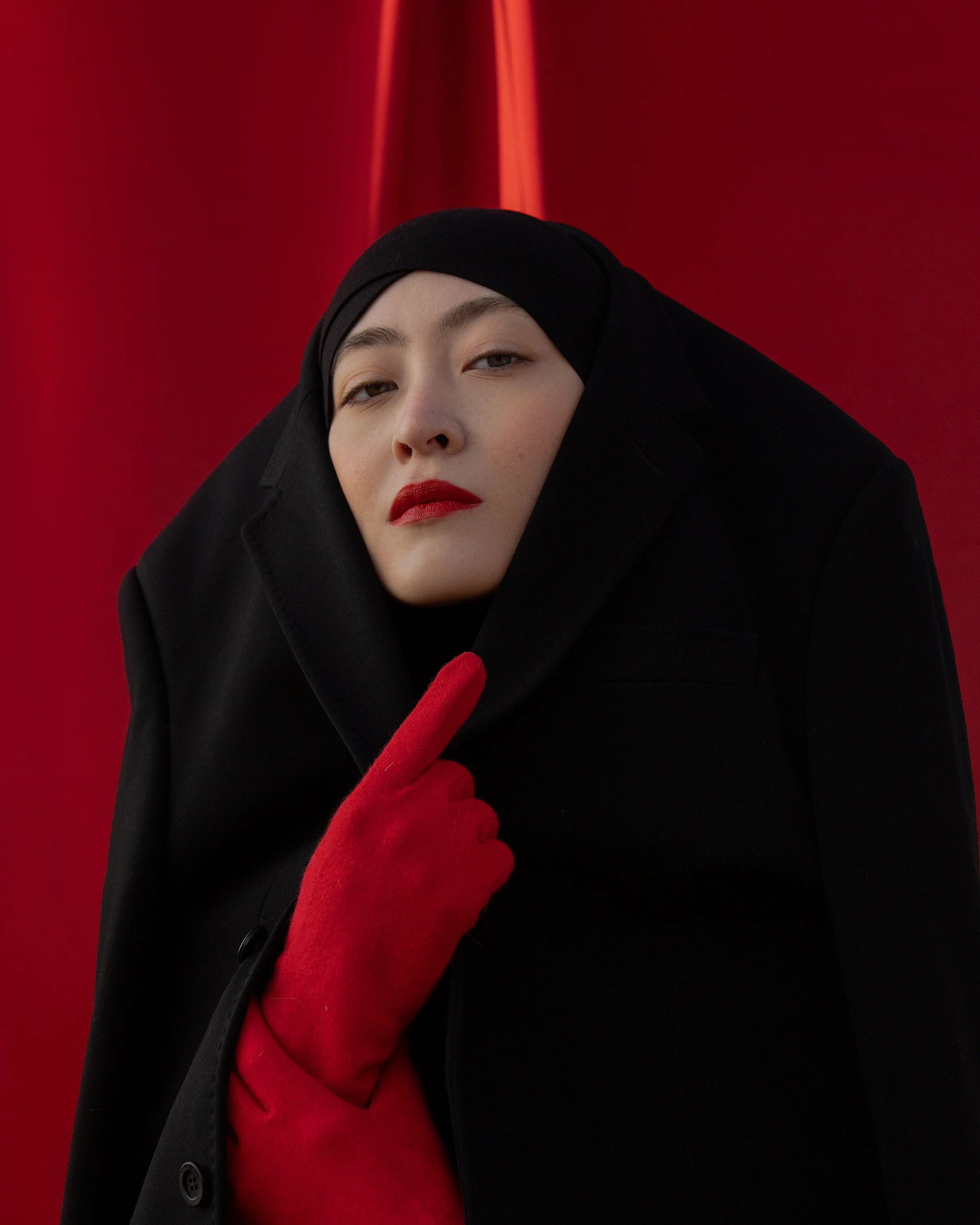 Photographer/Retoucher: Aigul Yesseyeva Model/Makeup Artist: Ainura Kabyldina Assistant: Anar Sattar Wardrobe Stylist: Anara Kairbayeva Wardrobe Credits: Jacket Dirk Bikkembergs Gloves PRADA Al-Almira Safiya