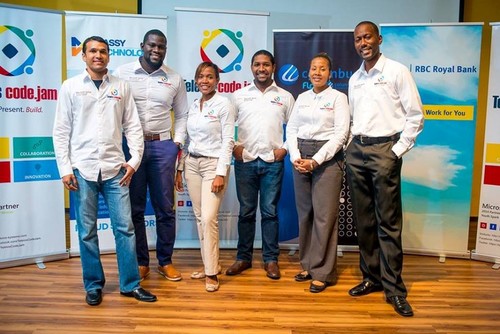 TELEIOS CODE JAM BUILD TEAM. L-R - NICHOLAS PALLAI, IKECHI GRIFFITH, KEISHA MARK, JESSE BERKELEY, PAULA SIMON, IRWIN WILLIAMS AND GRAYSON ALERT (NOT SHOWN)