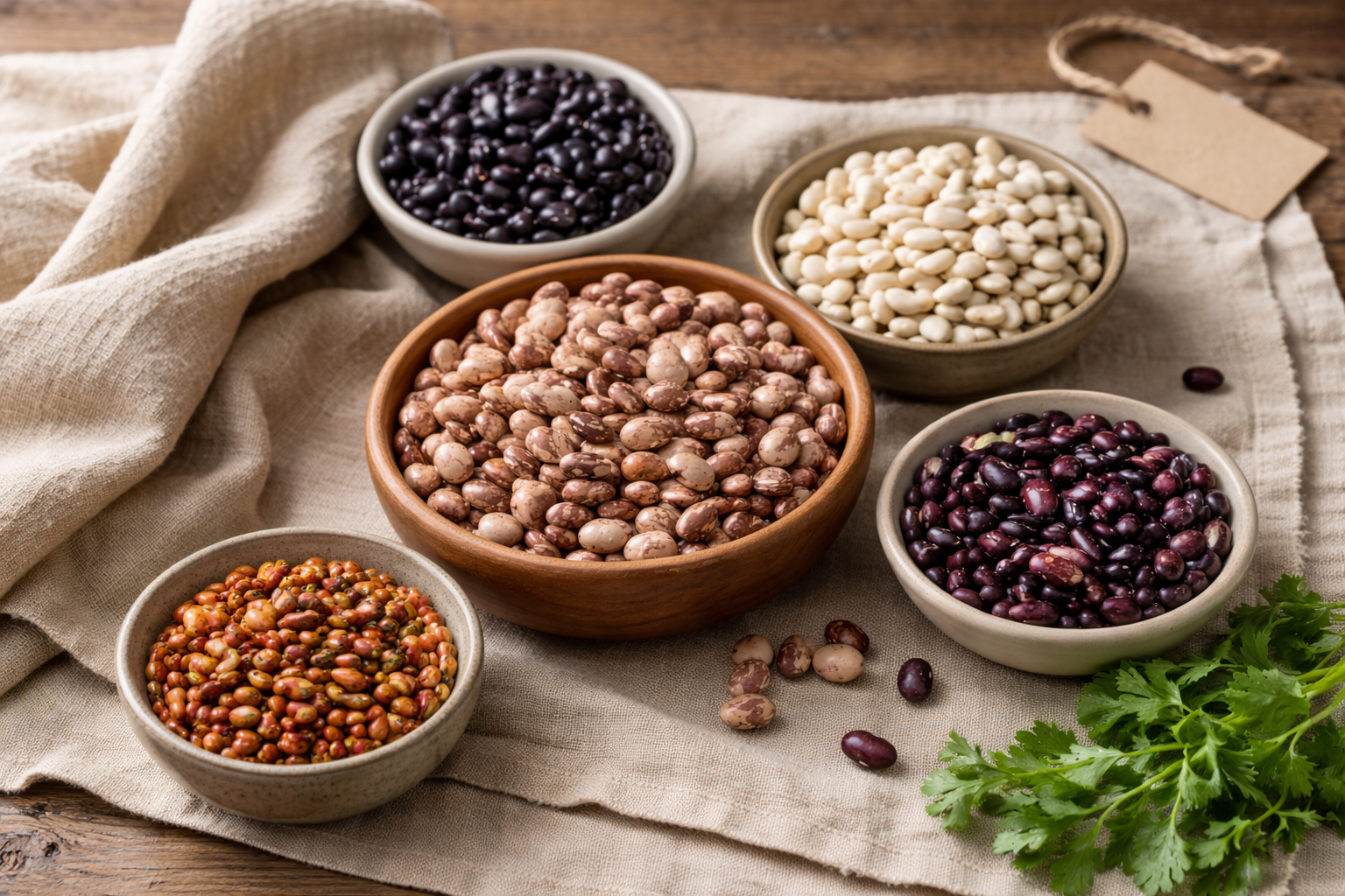 Assorted bowls of different types of heirloom dry beans on a beige cloth, with greenery in the corner.