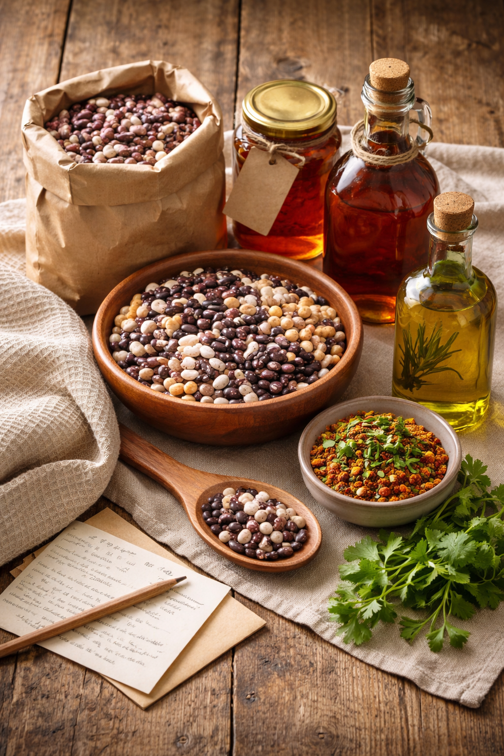 A wooden table with a paper bag of mixed heirloom dry beans, a bowl of mixed heirloom dry beans, three bottles of oil, a bowl of spice mix, a sprig of cilantro, and a handwritten recipe.