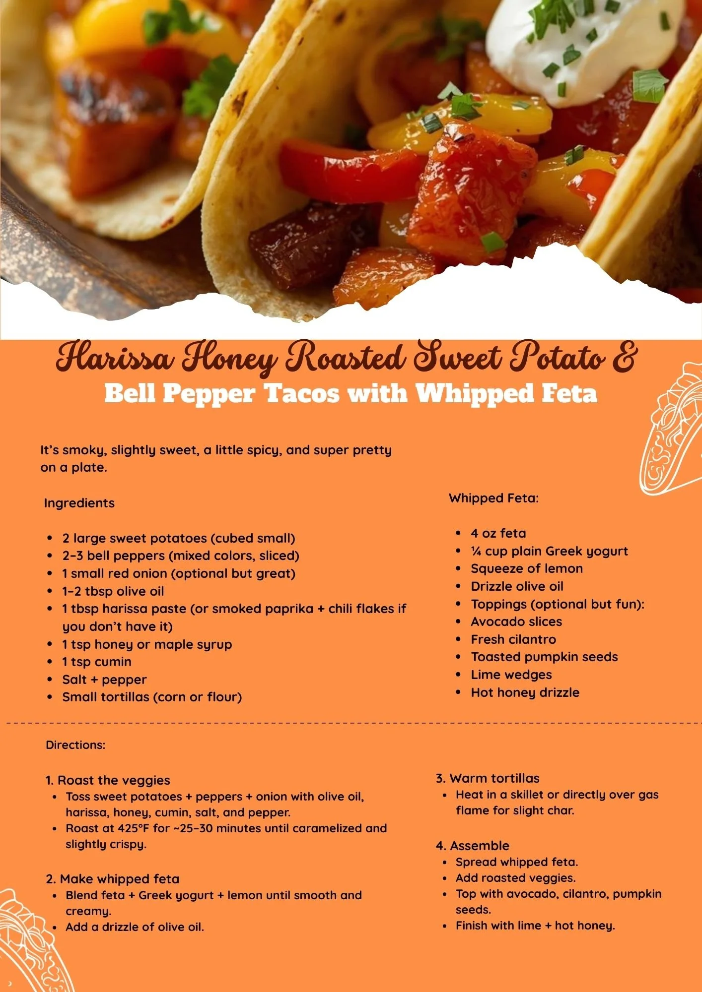 🌶️Harissa Honey Roasted Sweet Potato &amp; Bell Pepper Tacos with Whipped Feta