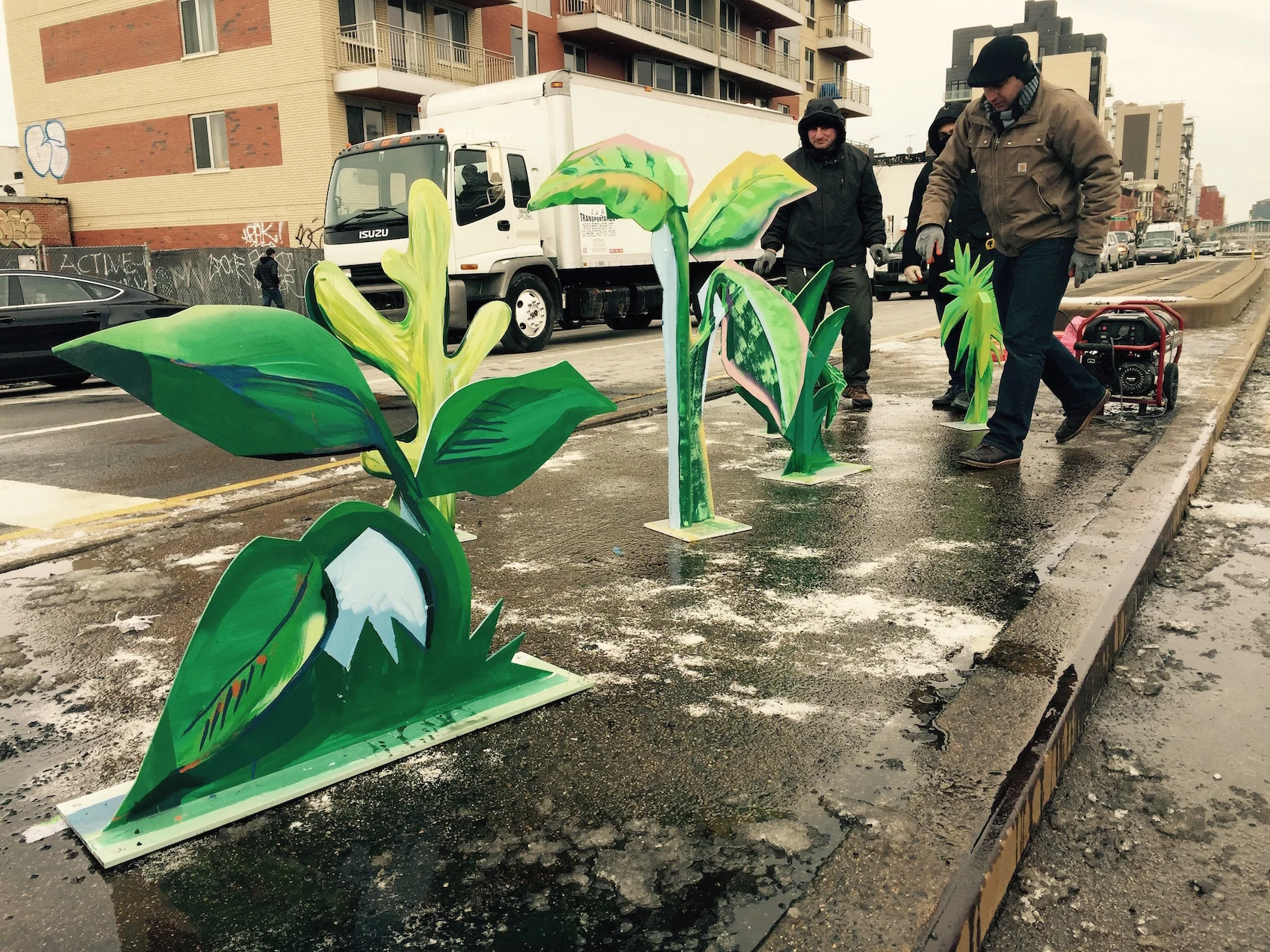 Breaking the ice to install Ruth Hofheimer's "Greenery", sponsored by NYC Department of Transportation as one of their Community Commissions projects (2015).