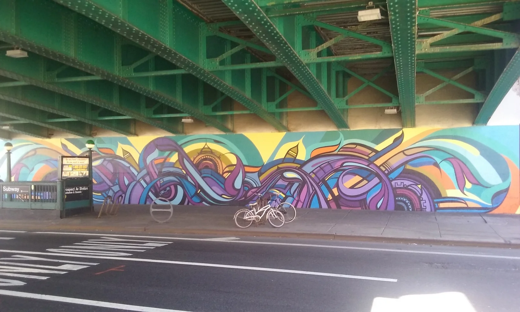 The mural "Intersections," by Artist Miguel Del Real, was funded by NYC Department of Transportation's Art Program (2015).