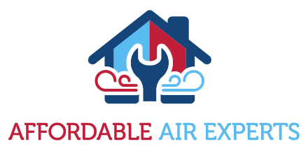 Logo of Affordable Air Experts featuring a house with a wrench and clouds in red and blue.
