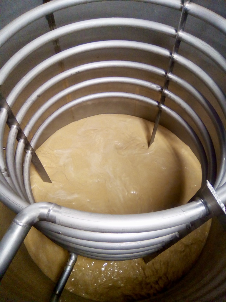 Empty Fermentation Vat with solid mash residue and exposed cooling pipes. Photo Credit: Mike Mayer, August 2018