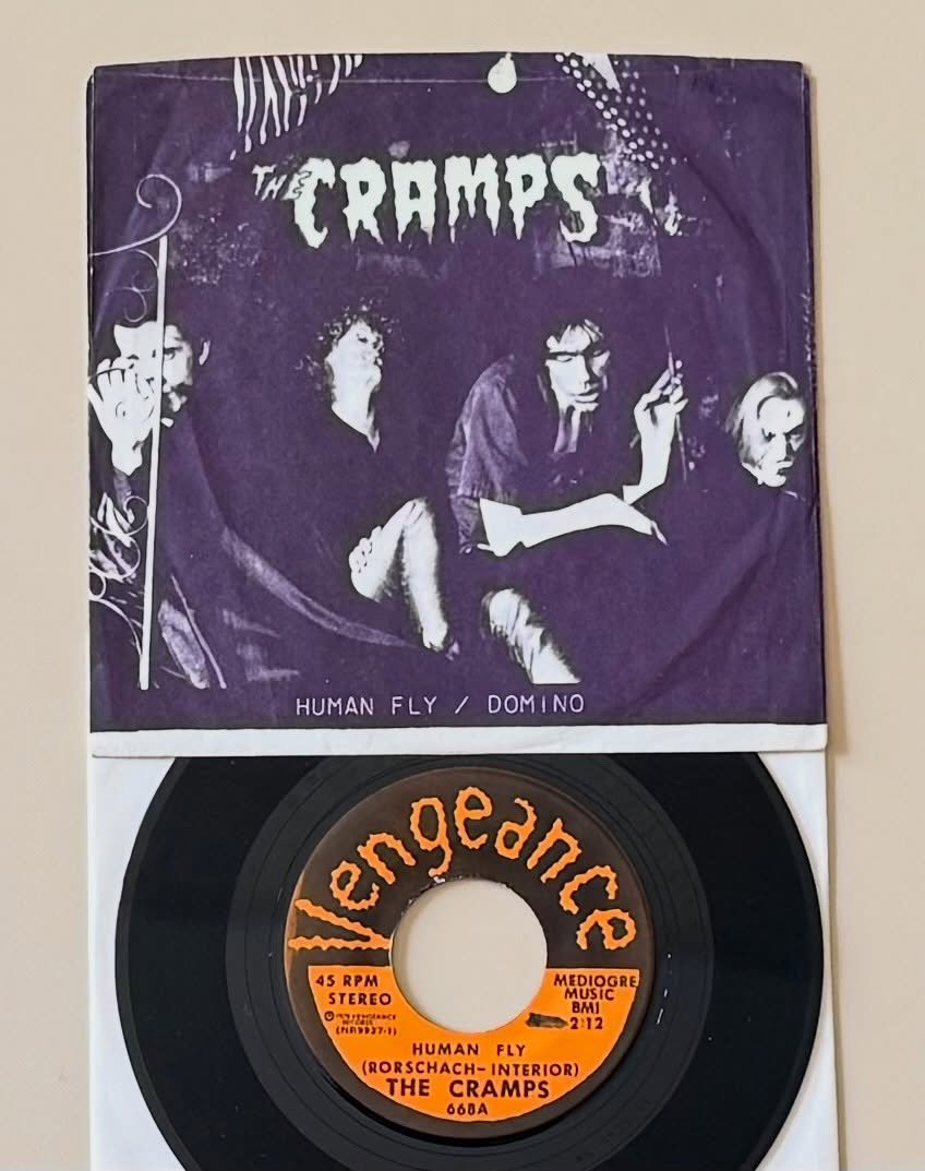 Record of the Day: the Holy Grail of Cramps collecting! Self released first pressing with the glow in the dark band name and light bulb on the sleeve! It&rsquo;s very thin paper so the wear is typical. The vinyl is minty! Human Fly is my fave song of