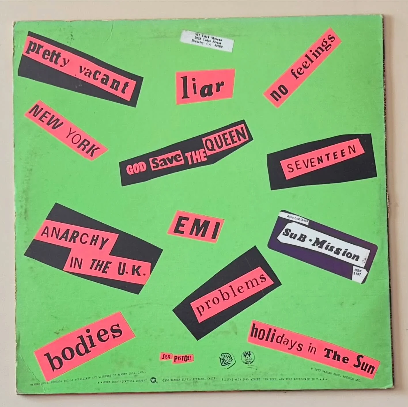 Punk Record of the Day: Sex Pistols original with the Submission sticker and great sounding vinyl! This album stands the test of time. We also have an original of their superb Spunk LP, the demo versions of this. The store is open today 12 to 6 come 