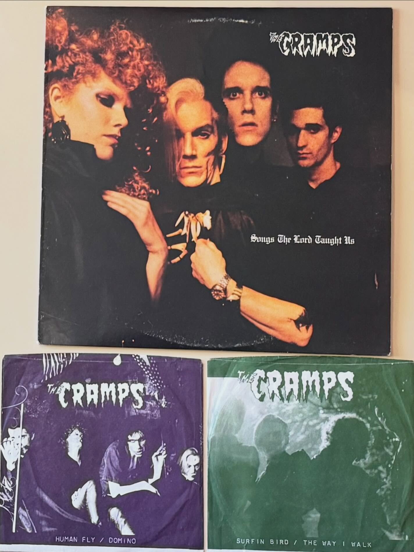 Records of the Day: the most collectible and sought after Cramps records! The Human Fly is a first pressing with their name (and the lightbulb) in glow-in-the-dark ink! Surfin Bird is also an original, their first ever record from 1978. Both are self
