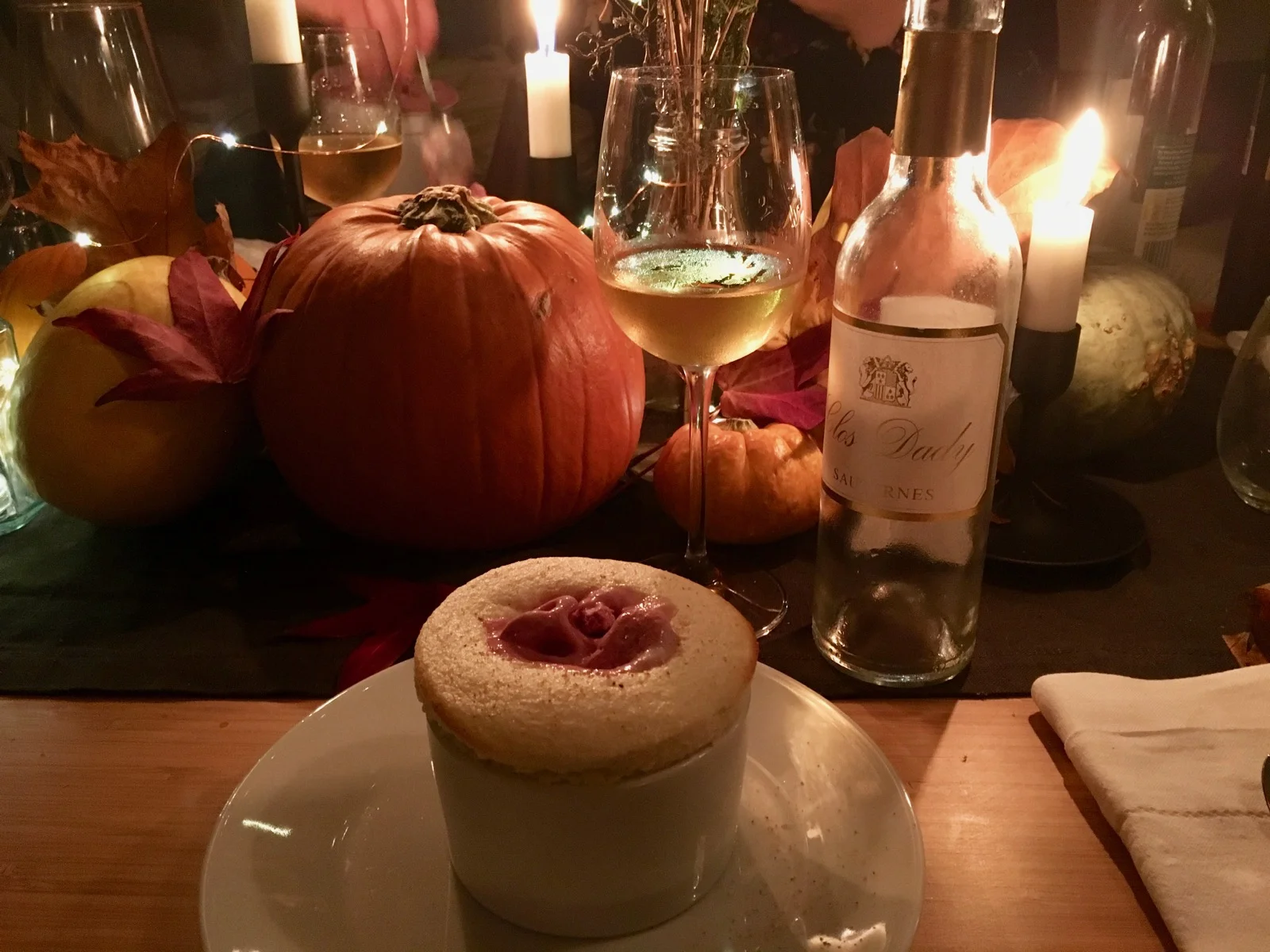Bramley apple soufflé and blackcurrant ice cream with Clos Dady sauternes