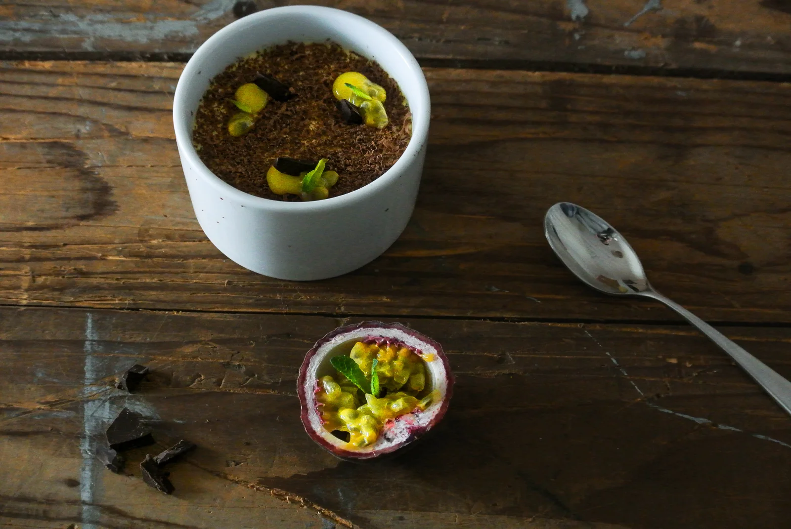 Passion Fruit panna cotta with passionfruit curd, chocolate and mint