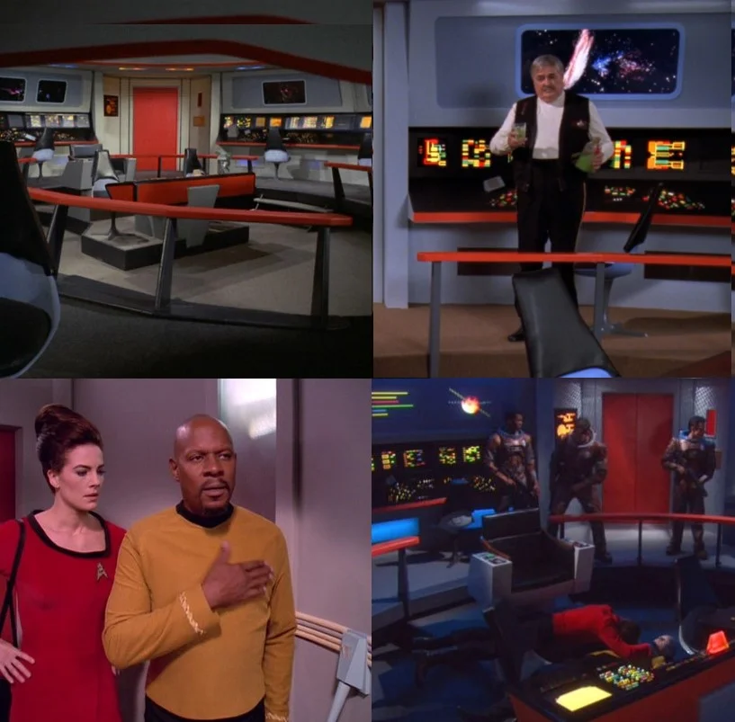 Various flavors of original series Star Trek sets. The only one from the 60s is top left. Images from Memory Alpha with a Creative Commons license.
