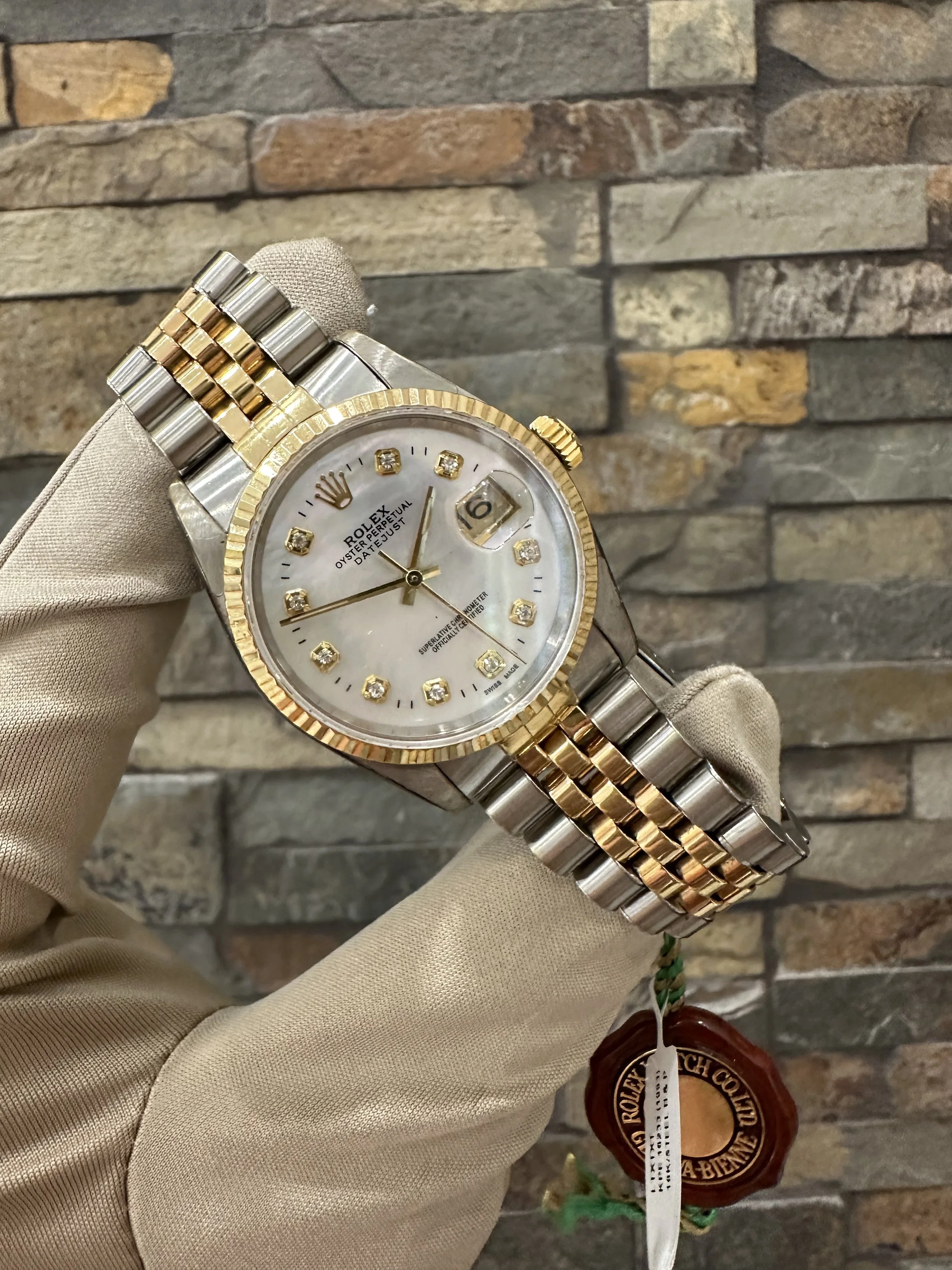 1993 Custom MOP Datejust 36mm REF # 16233 with box and papers. Call or stop by our shop.