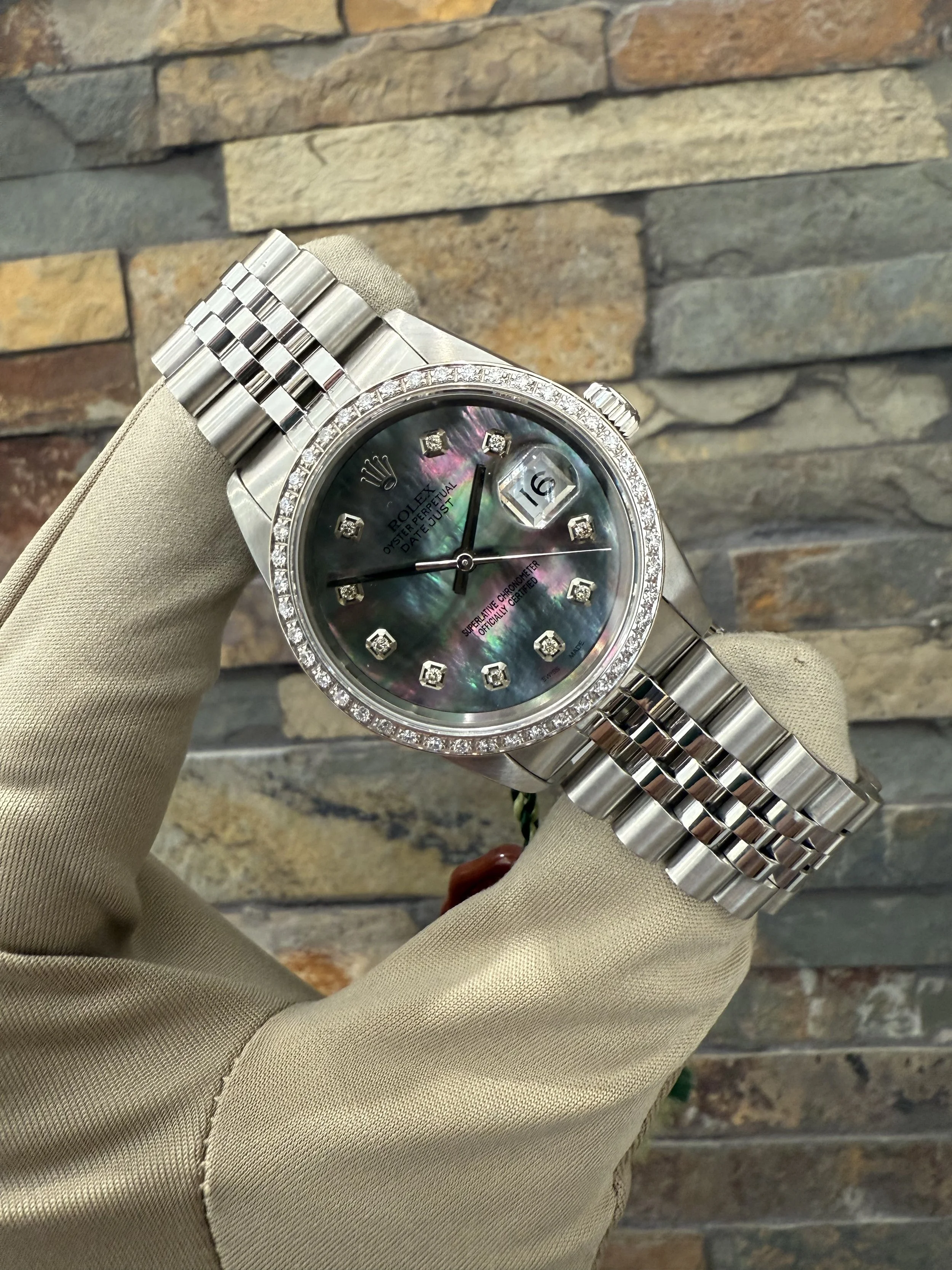 1989 Rolex Custom Tahitian MOP DJ36 REF 16234 with a box. Call or stop by our shop