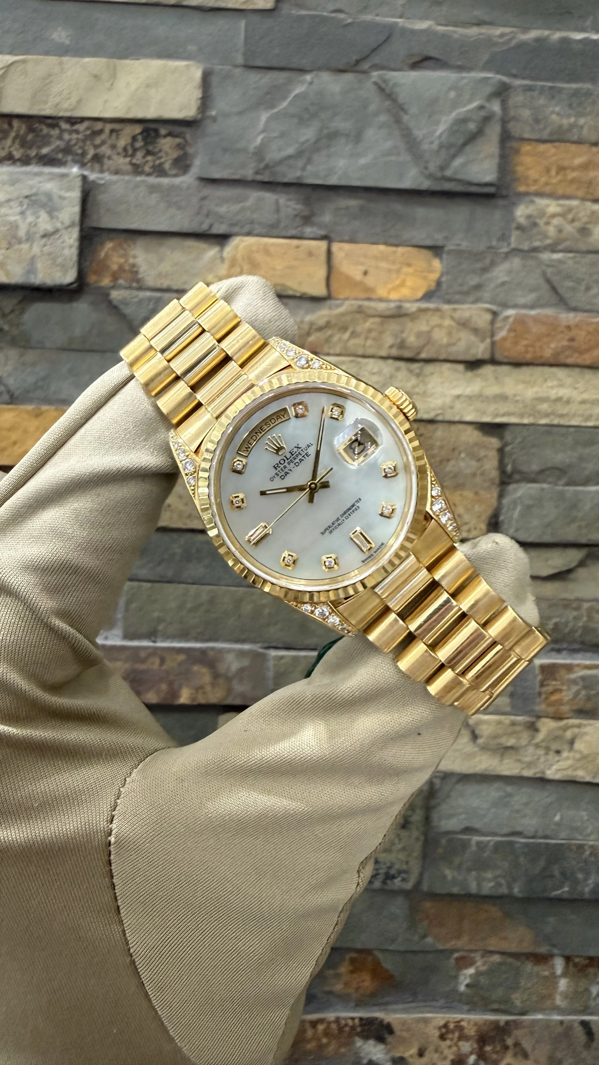 1990 Custom MOP Rolex Day-Date 36 REF #18238 with a box. Call or stop by our shop