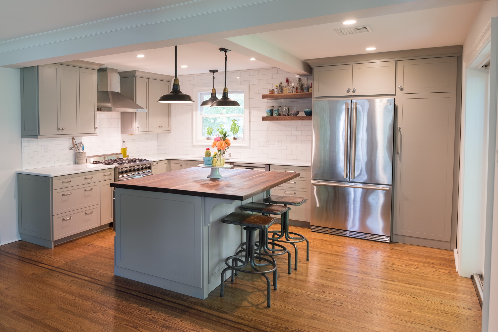 Cadet Grey kitchen with Walnut butcher block island