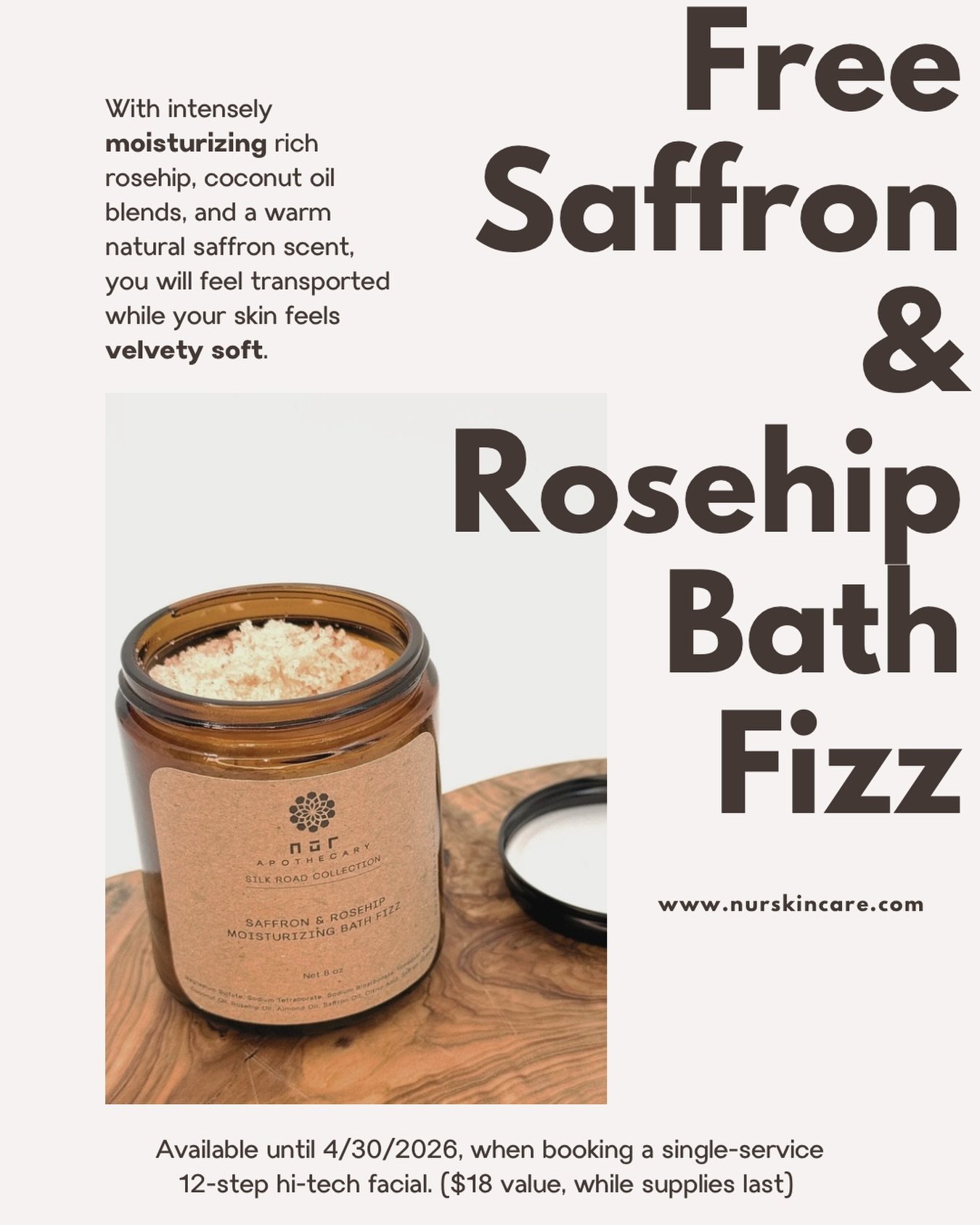 Until 4/30 receive a free Saffron &amp; Rosehip Moisturizing Bath Fizz when you come in for a single service 12-Step Hi-Tech Facial.

#chicagospa #nurskincare #chicagoskincare #nurapothecary