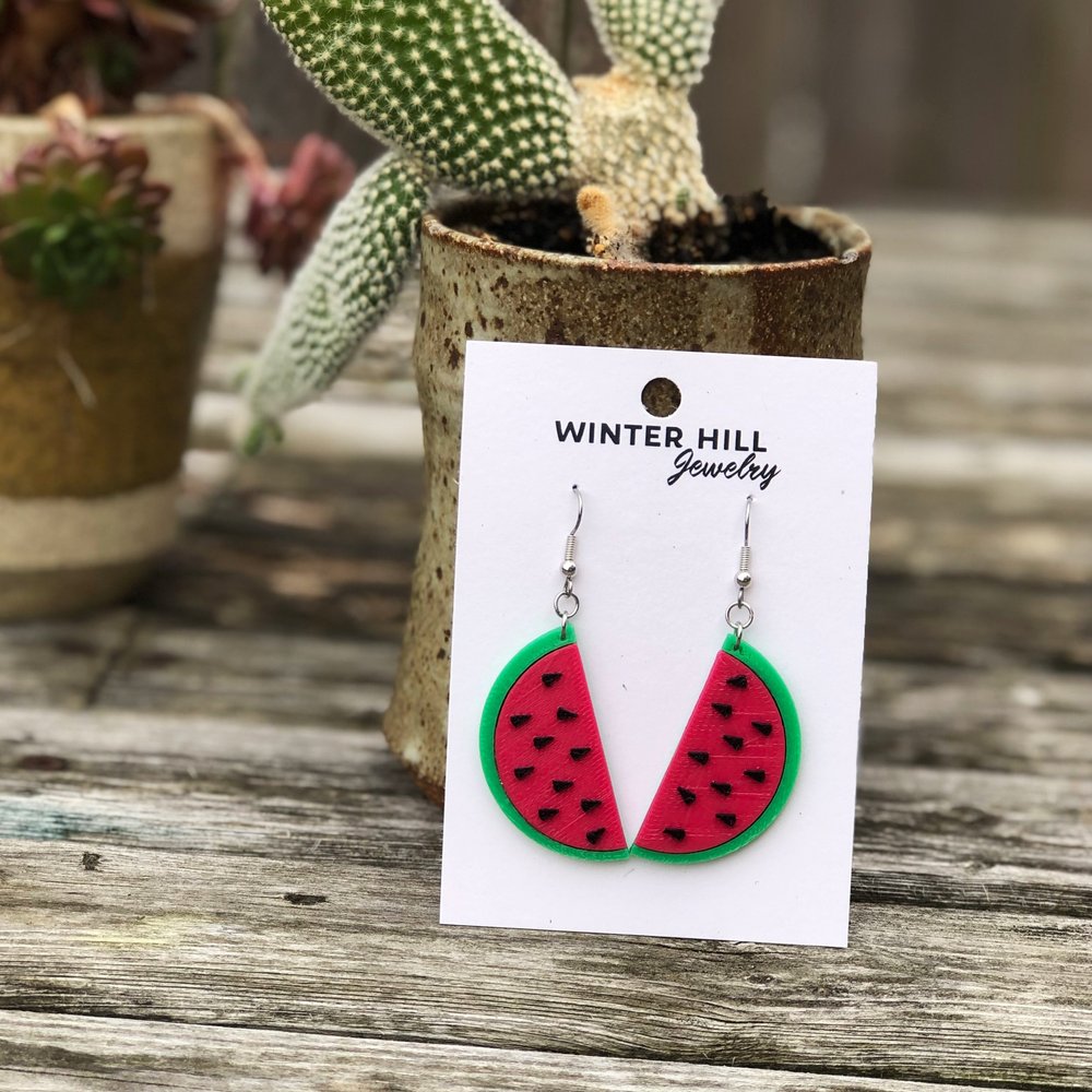 3d printed watermelon earrings / Fruit earrings / Watermelon dangles /  Lightweight summer colorful plastic earrings - Studs